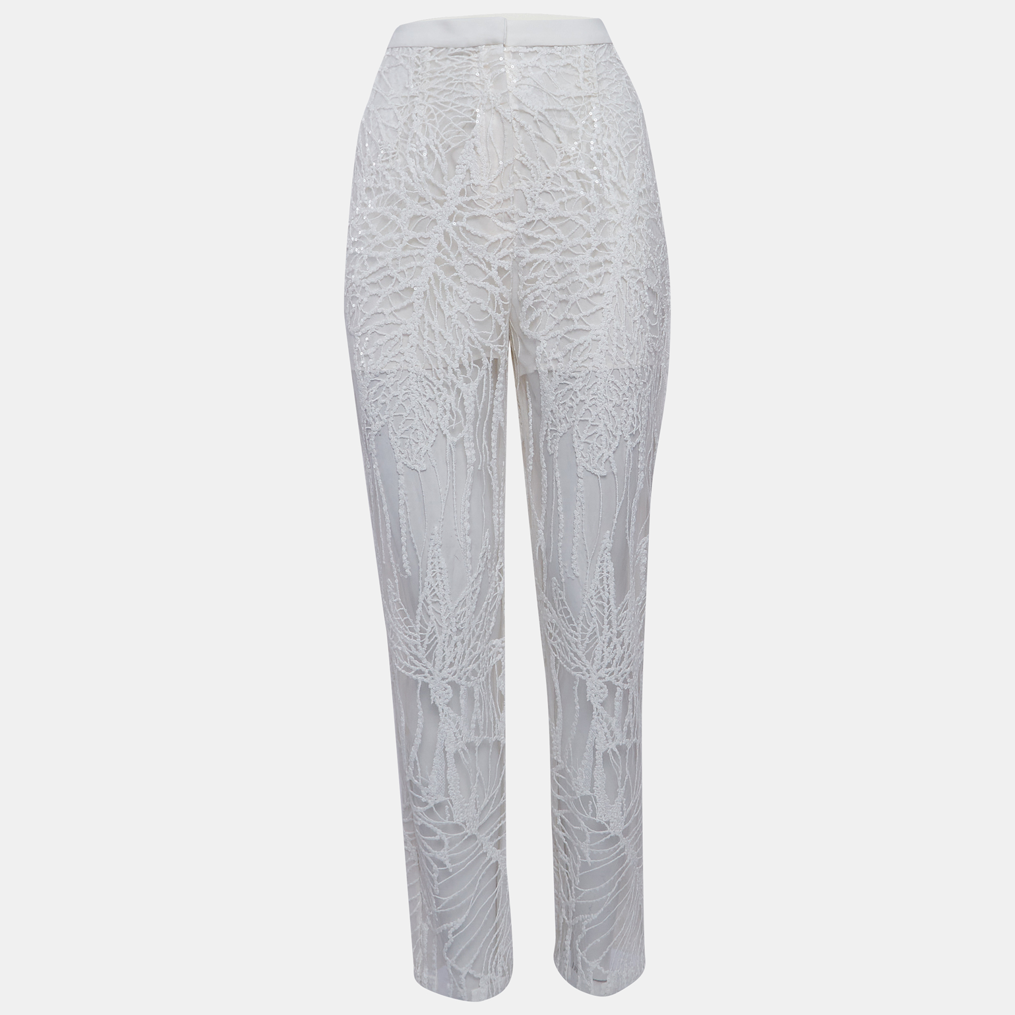 Elie saab white sequin embroidered tulle straight fit trousers s