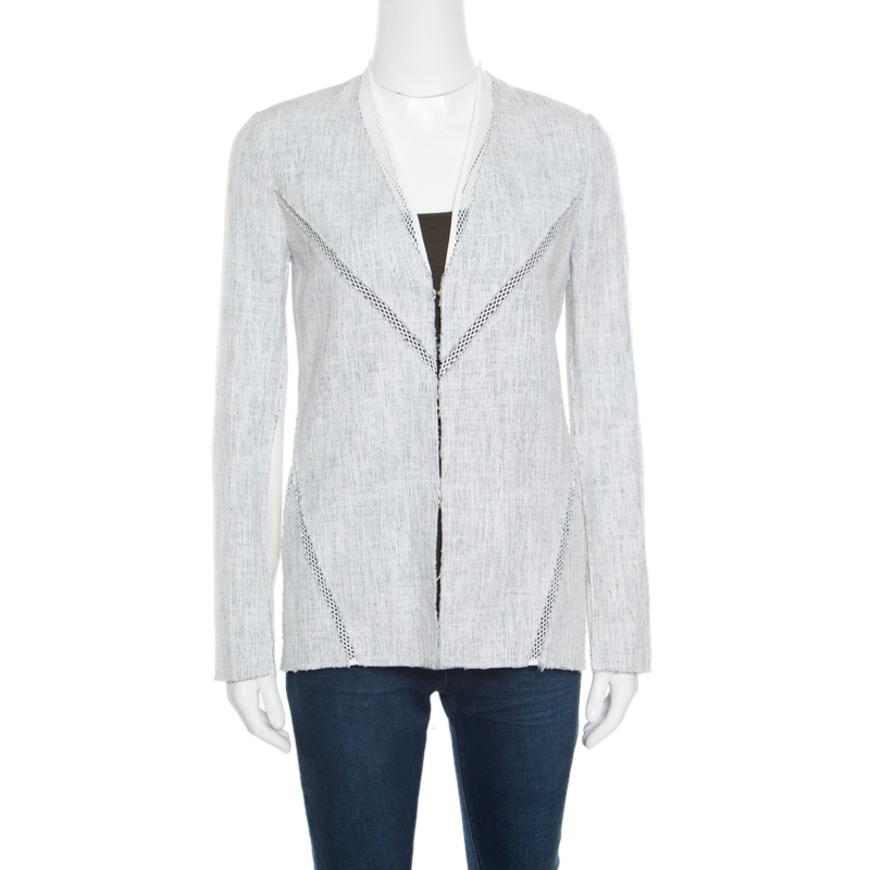 Elie Tahari Off White And Blue Textured Mesh Insert Mixed Media Leeann Jacket XS