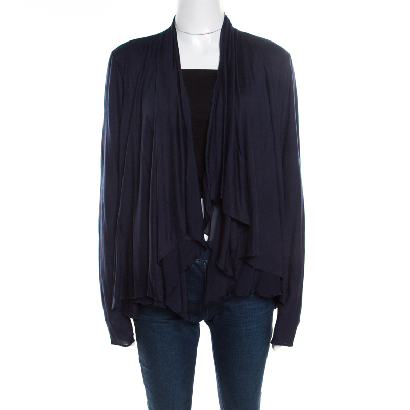 Image of Elie Tahari Navy Blue Jersey and Silk Layered Open Front Cardigan M