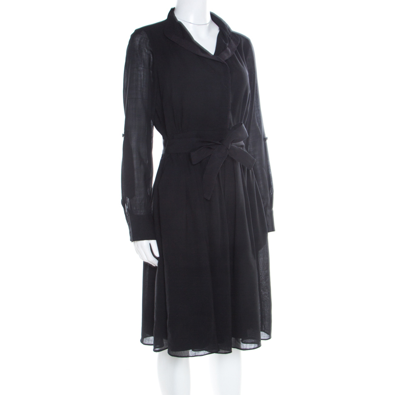 Elie Tahari Black Wool Pleated Belted Dress M