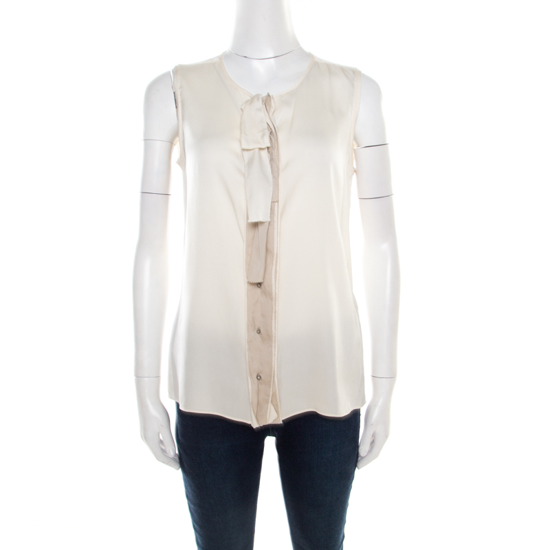 

Elie Tahari Cream Silk Contrast Placket Ruffle Detail Sleeveless Blouse