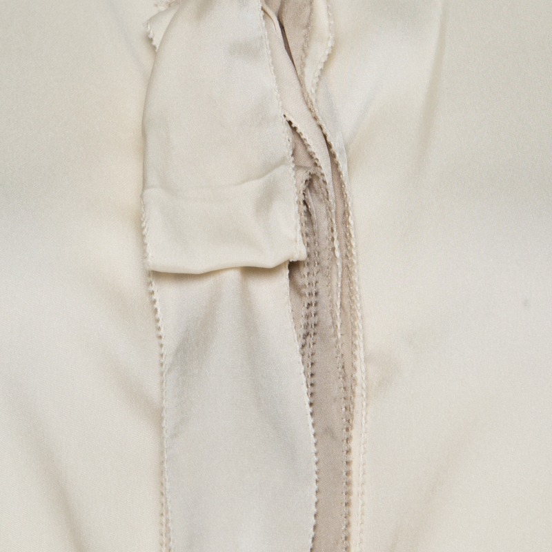 Elie Tahari Cream Silk Contrast Placket Ruffle Detail Sleeveless Blouse S