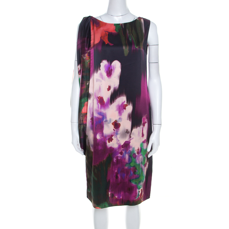 Image of Elie Tahari Multicolor Floral Print Silk Draped Shift Dress M