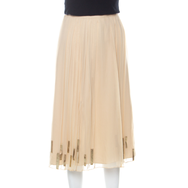 Image of Elie Tahari Light Beige Pleated Silk and Gold Leather Trim Detail Midi Skirt L