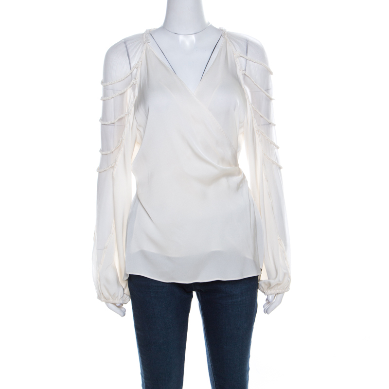 Image of Elie Tahari Cream Silk Rope Sleeve Detail Carmela Wrap Blouse L