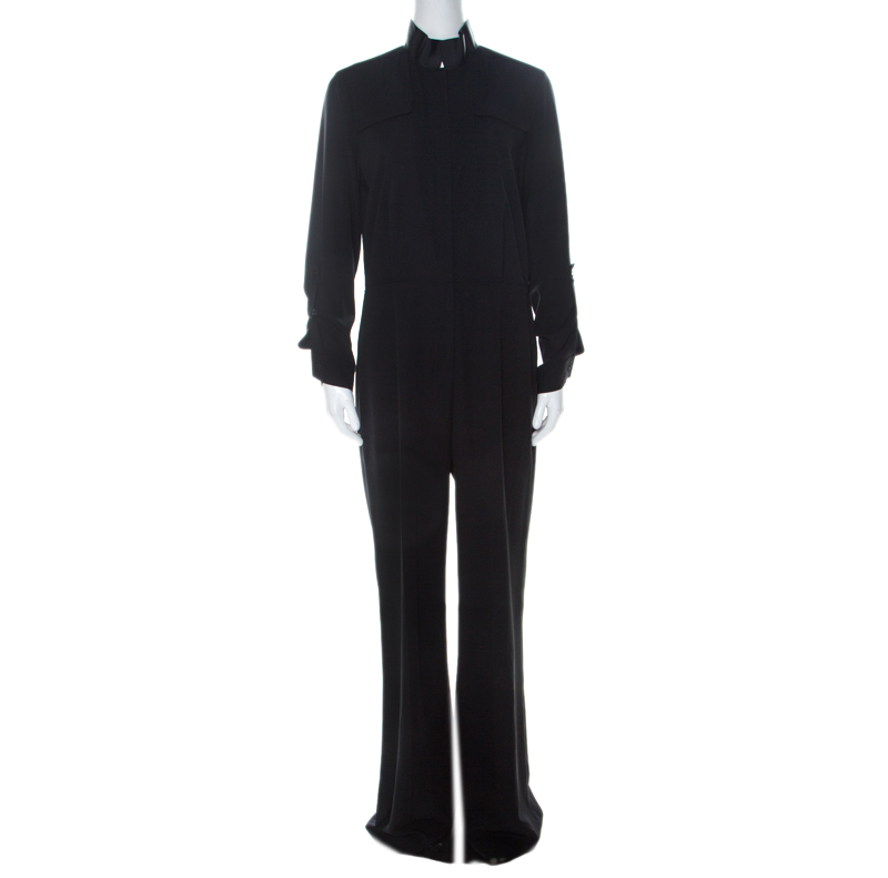 Image of Elie Tahari Black Stretch Silk Zip Front Jumpsuit M