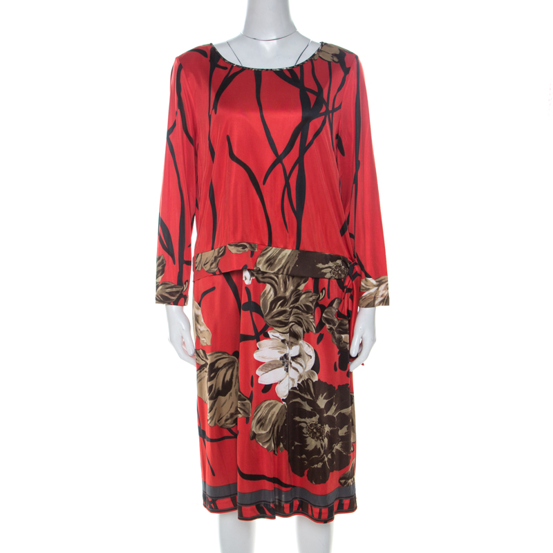 Elie Tahari Red Printed Jersey Layered Dress L