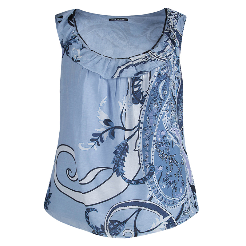 Elie Tahari Powder Blue Printed Cotton Ruffle Detail Sleeveless Top XL