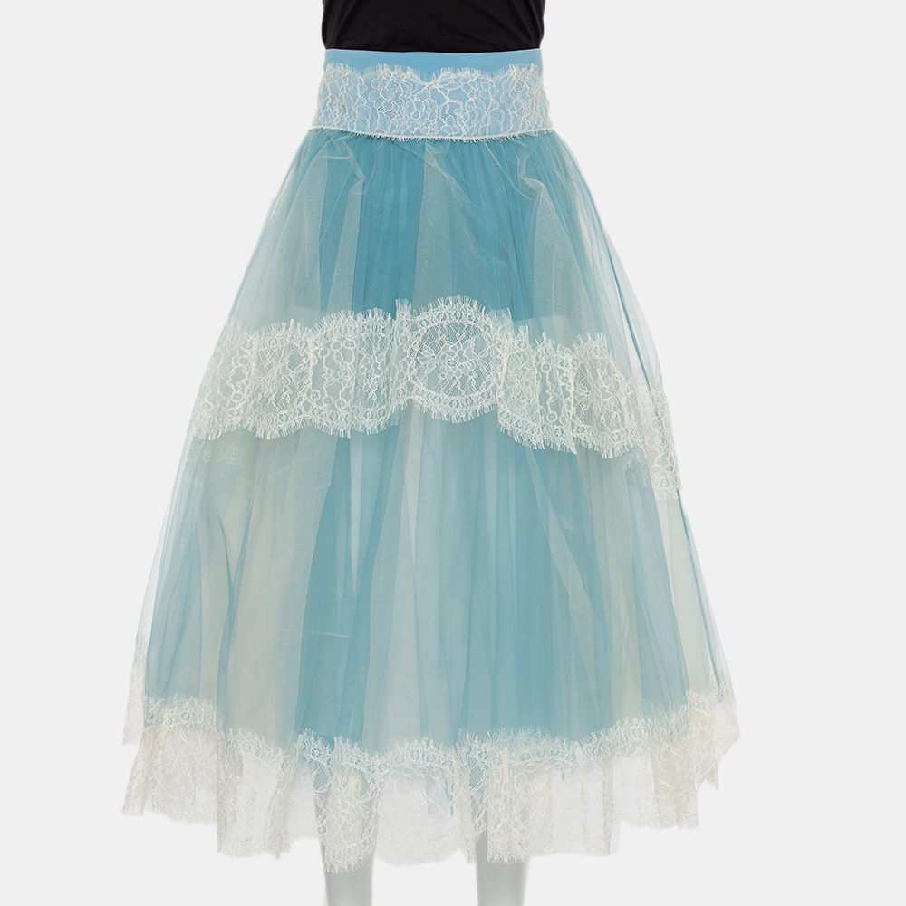 Elisabetta franchi blue tulle & lace trim high waist sheer midi skirt m