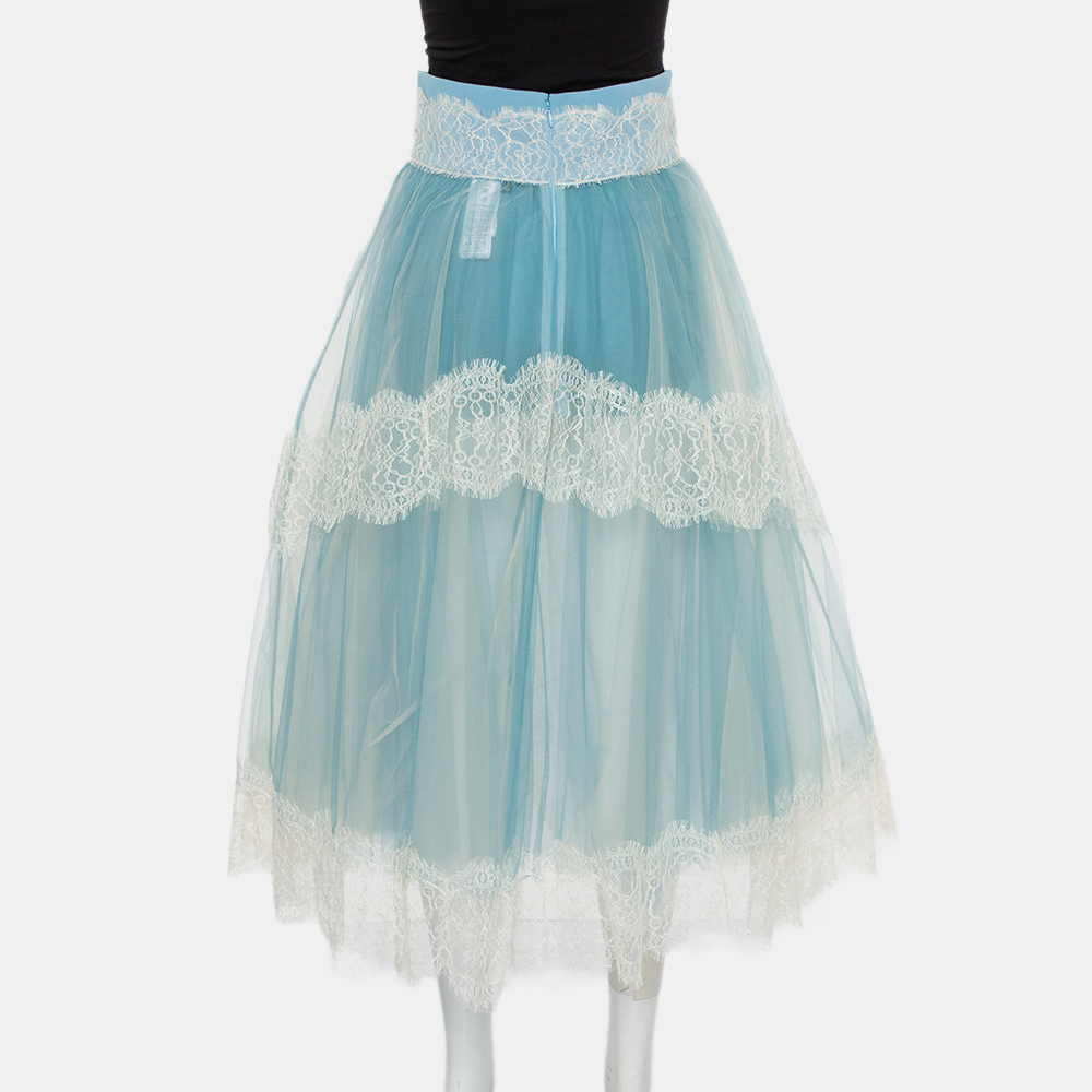Elisabetta Franchi Blue Tulle & Lace Trim High Waist Sheer Midi Skirt M