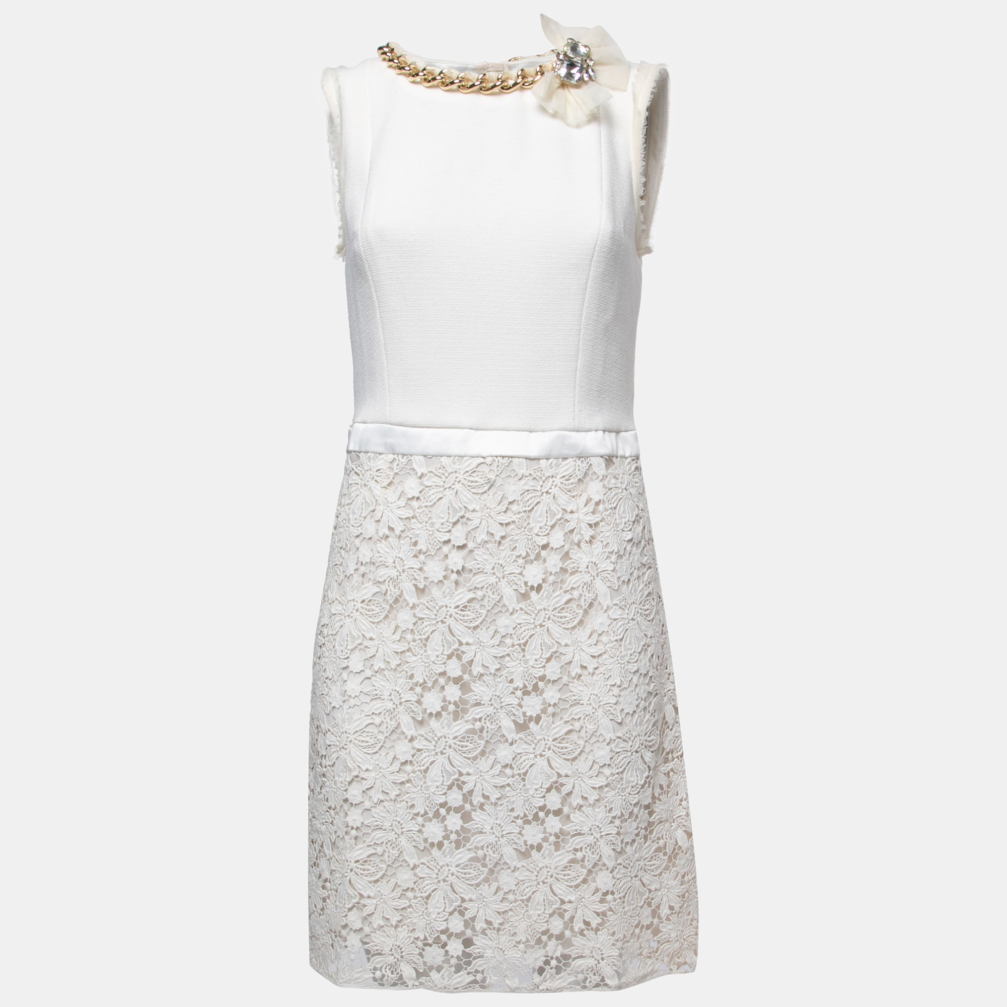 

Elisabetta Franchi White Floral Lace Chain Detail Mini Dress