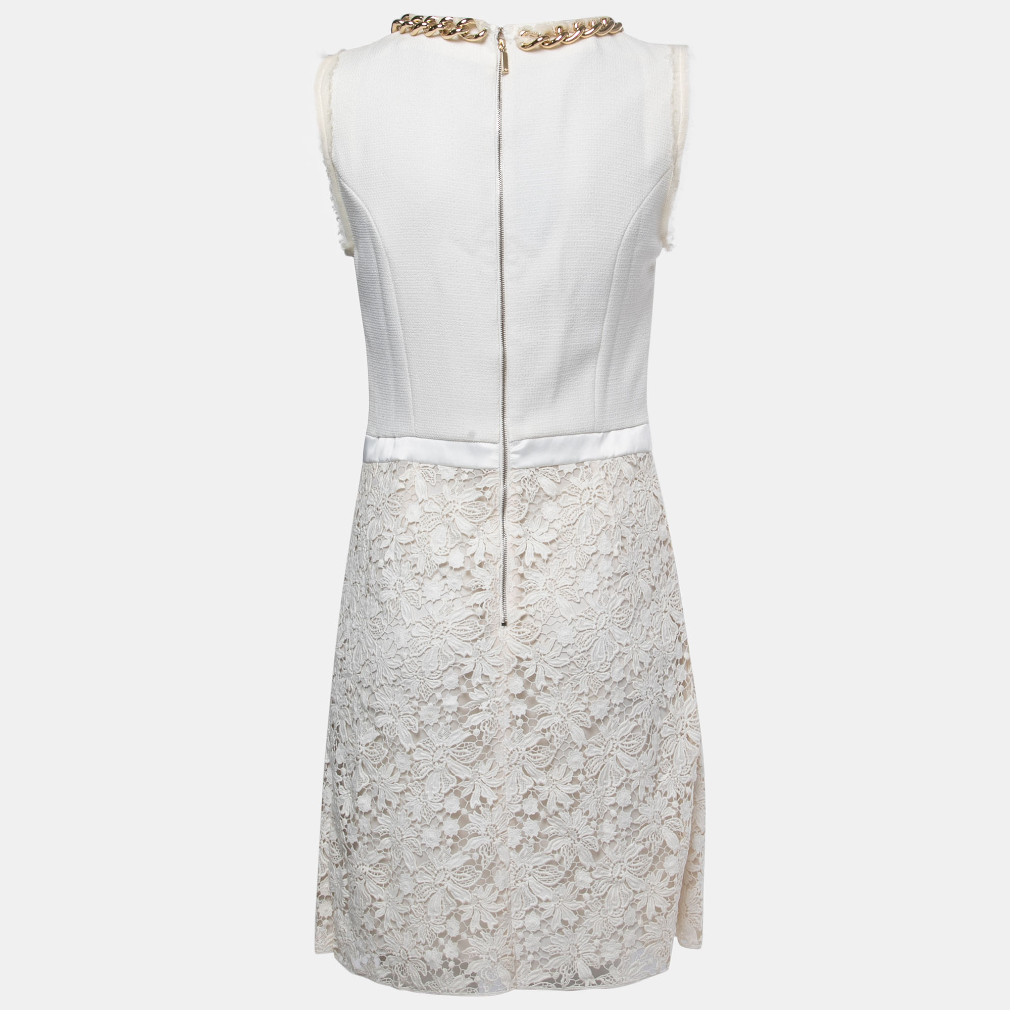 Elisabetta Franchi White Floral Lace Chain Detail Mini Dress XL