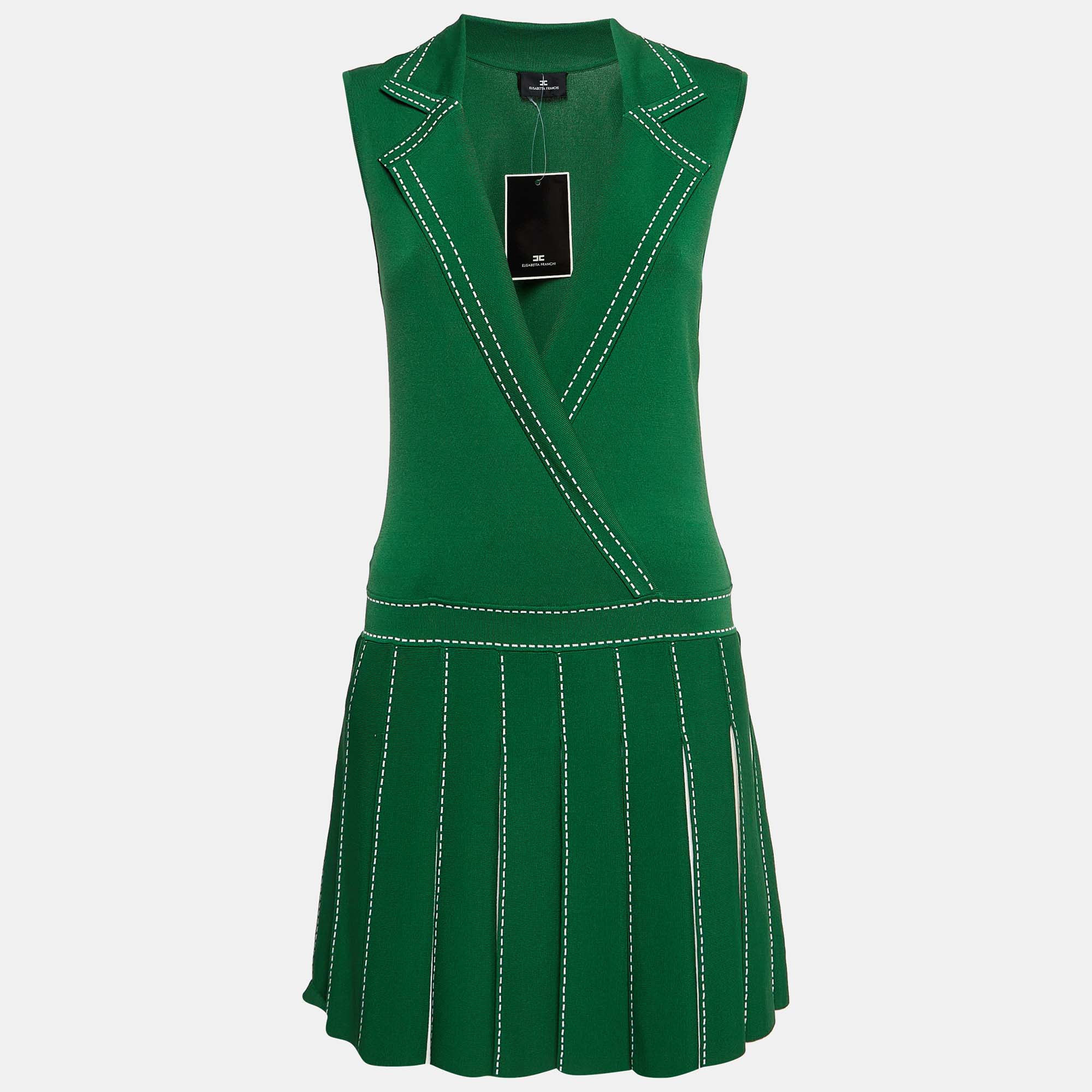 Elisabetta franchi green/white knit pleated mini dress m