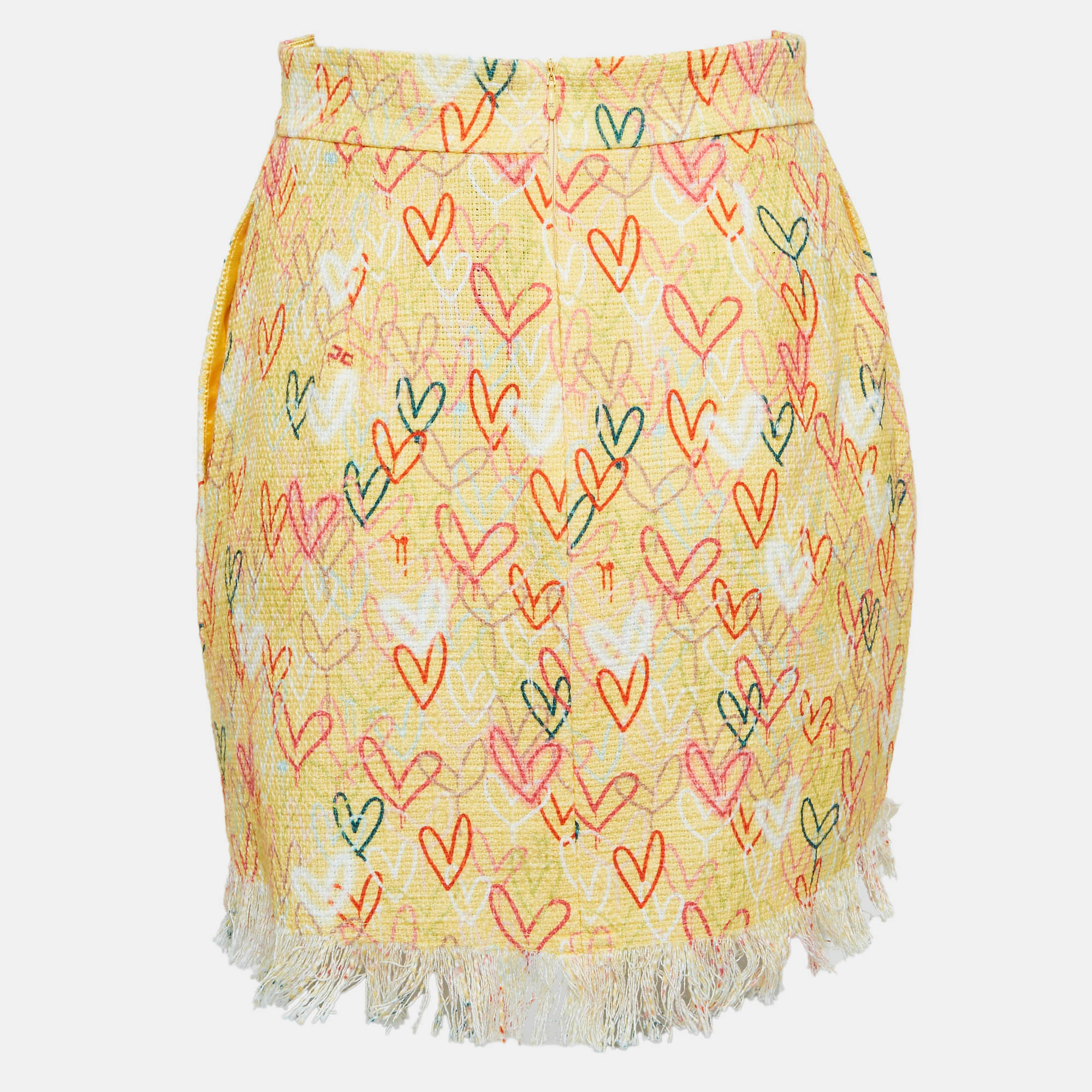 Elisabetta Franchi Yellow Hearts Print Cotton Canvas Fringed Mini Skirt S