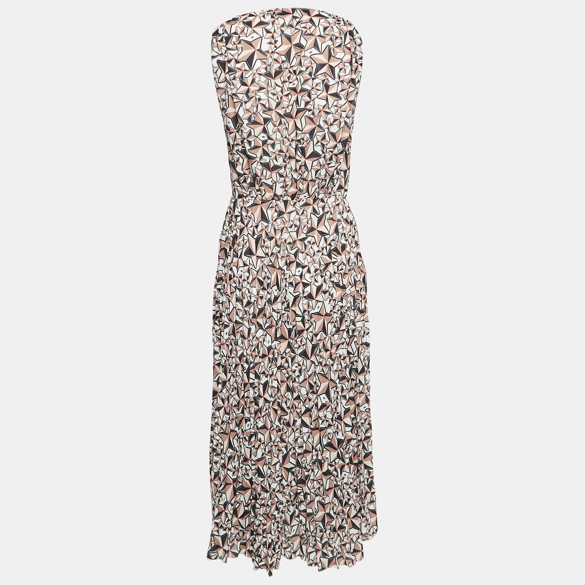 Elisabetta Franchi Brown Printed Pleat Crepe Detail Midi Dress M