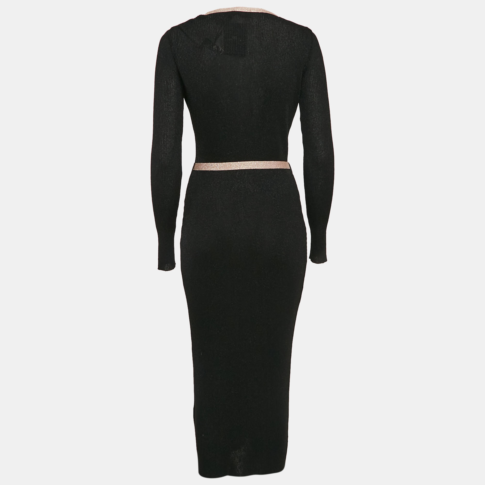 Elisabetta Franchi Black Lurex Rib Knit Belted Midi Dress M