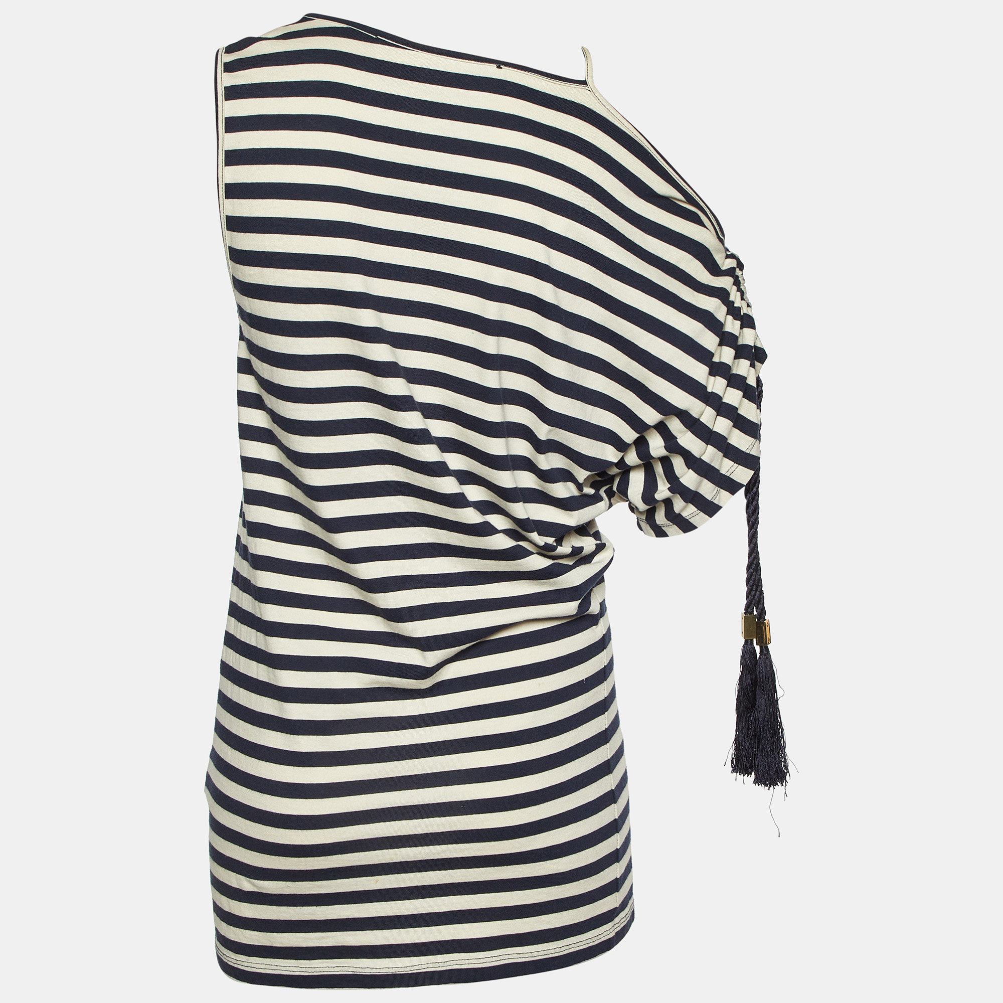 Elisabetta Franchi Jeans Marine Blue Striped Jersey Asymmetric Top M