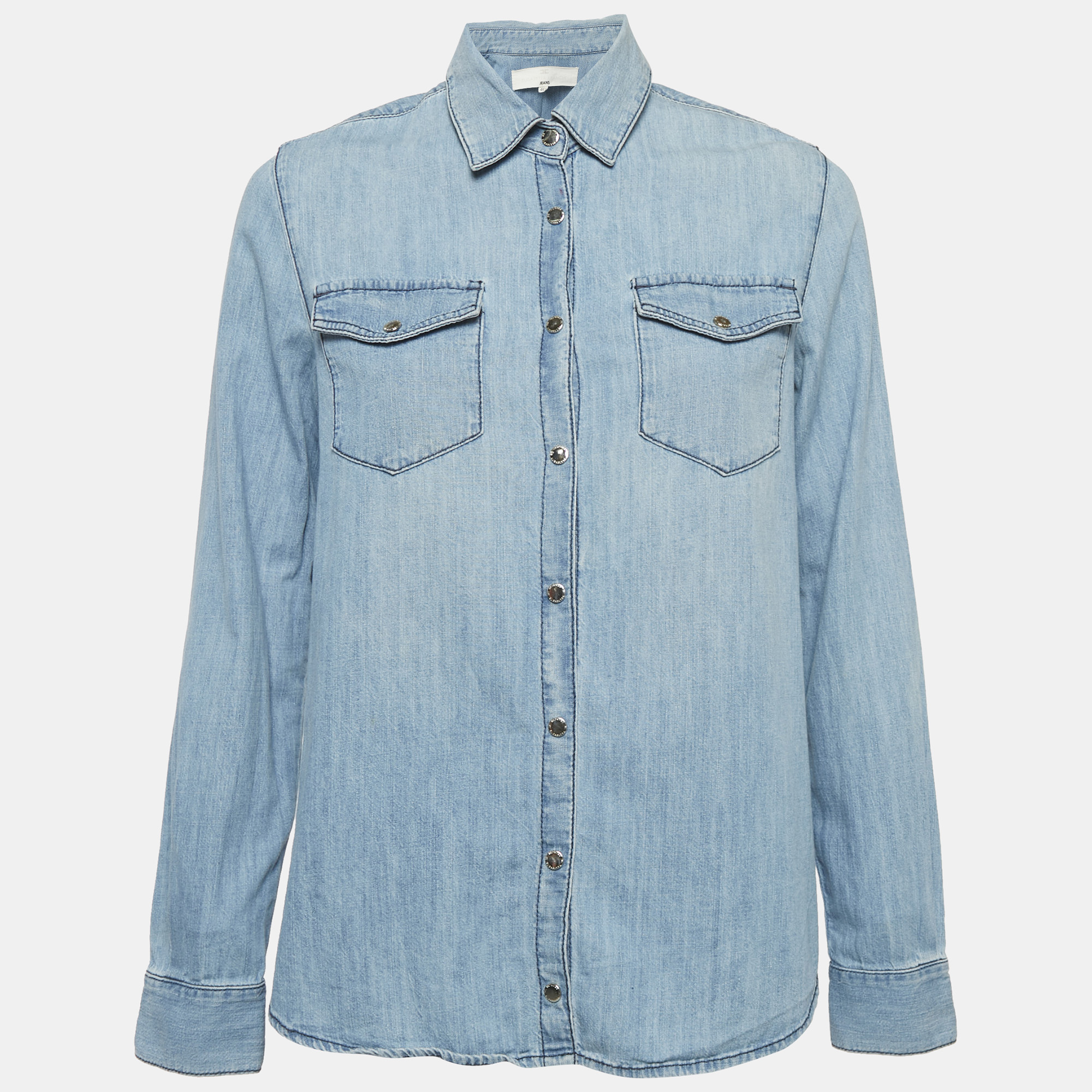 Elisabetta Franchi Jeans Blue Denim & White Chiffon Button Front Shirt S
Elisabetta Franchi Jeans Blue Denim & White Chiffon Button Front Shirt S