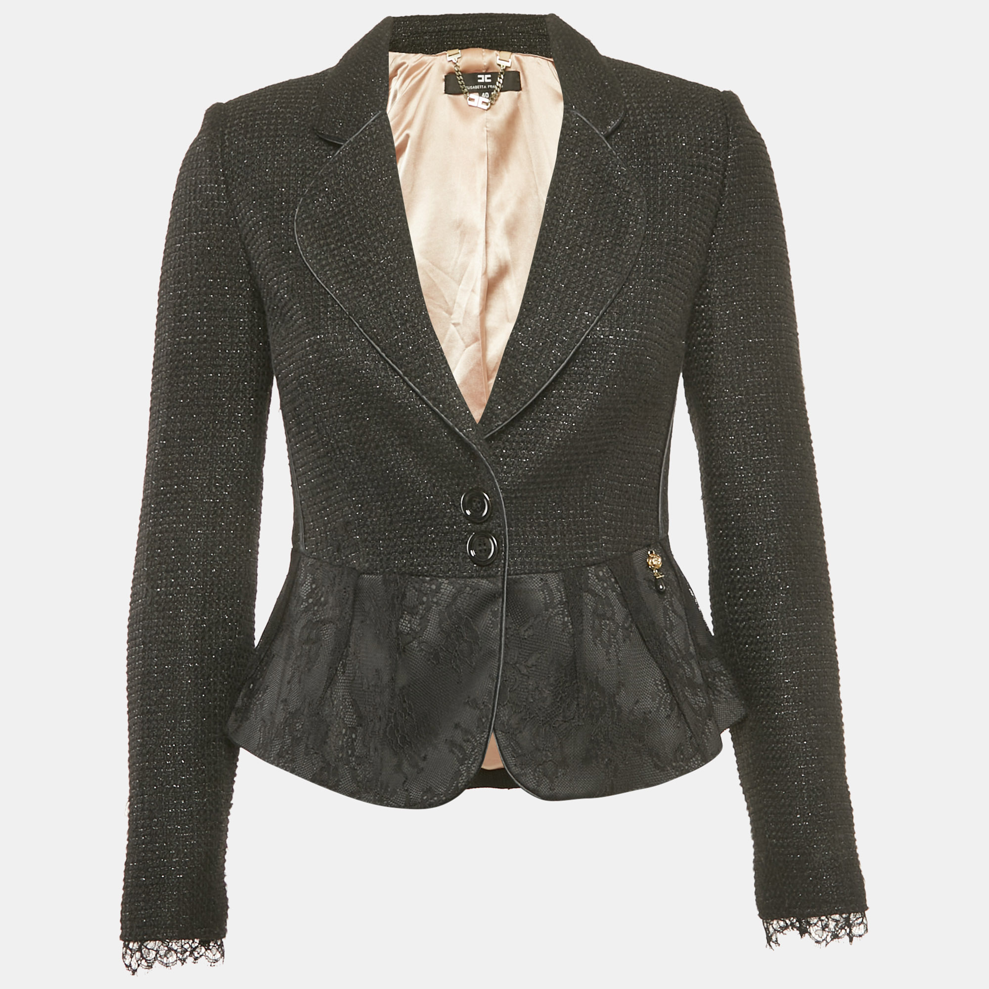 Elisabetta Franchi Black Tweed Button Front Lace Detail Jacket S
Elisabetta Franchi Black Tweed Button Front Lace Detail Jacket S