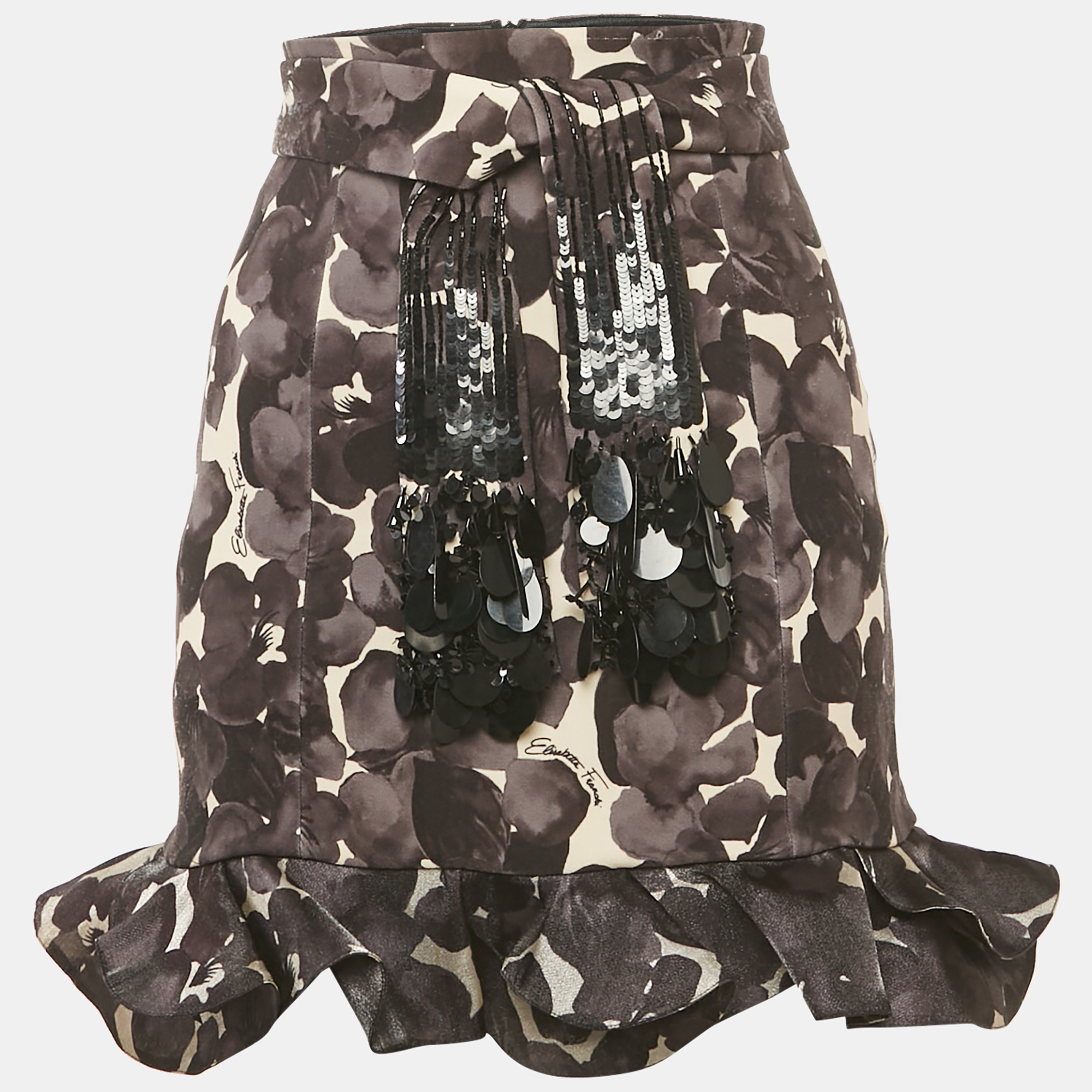 Floral Print Stretch Crepe Ruffled Mini Skirt S - Elisabetta Franchi - Modalova