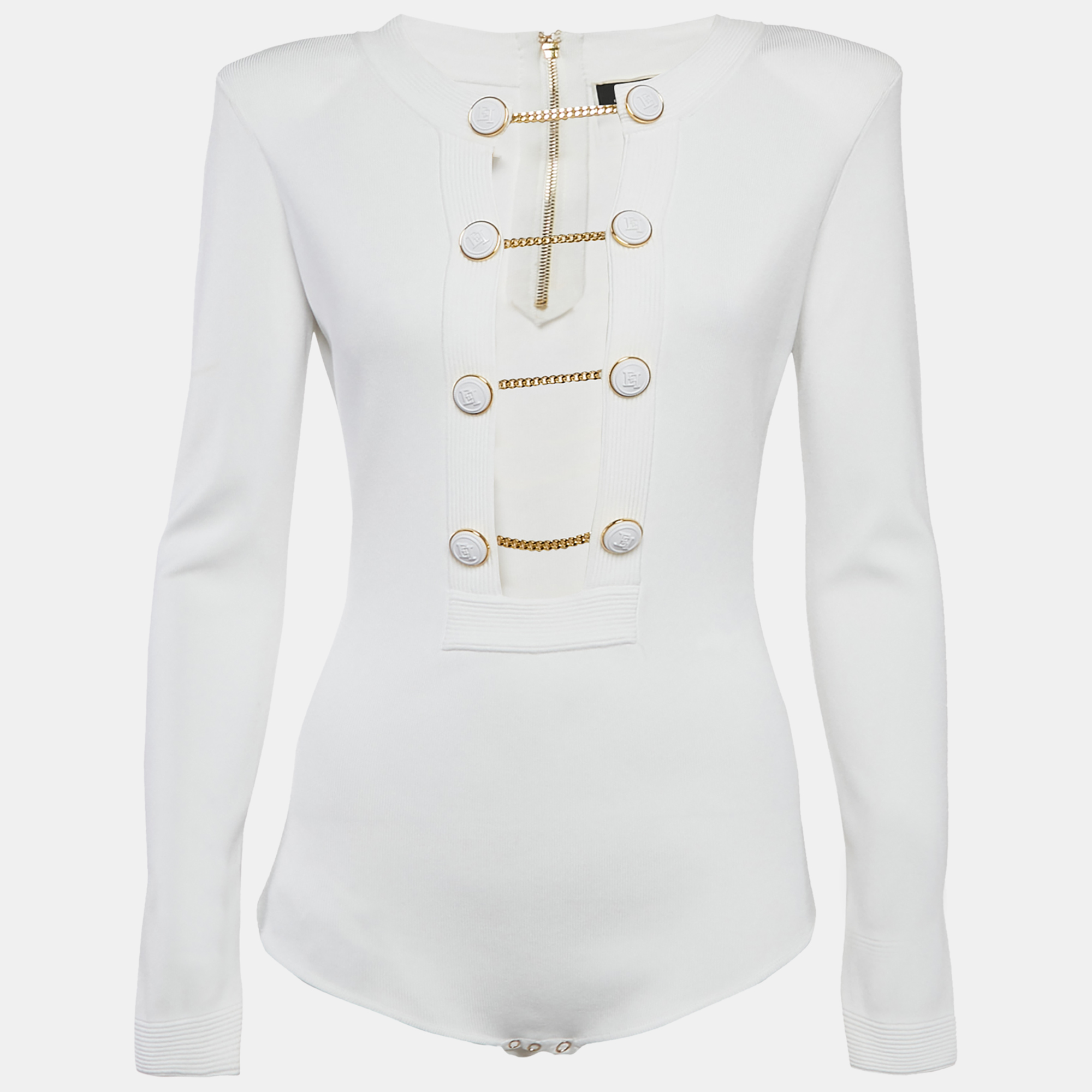 Elisabetta Franchi White Rib Knit Cut-Out Button Detail Bodysuit L
Elisabetta Franchi White Rib Knit Cut-Out Button Detail Bodysuit L
