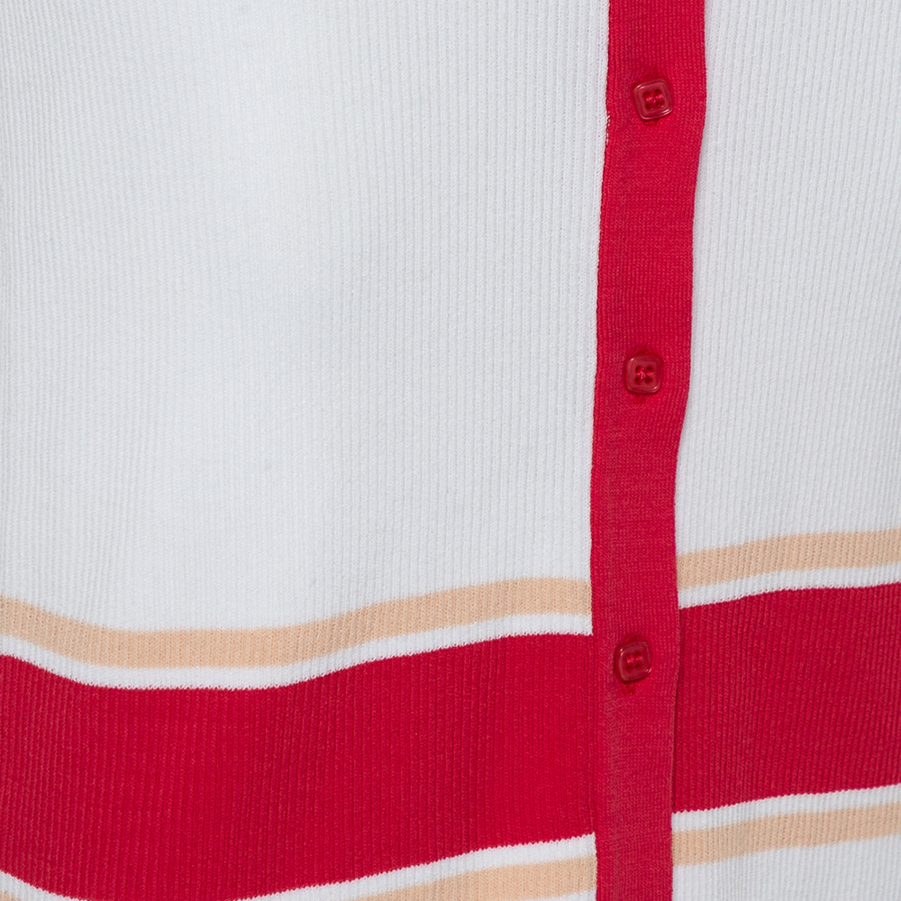 Elisabetta Franchi White Rib Knit Contrast Detail Belted Button Front Dress M