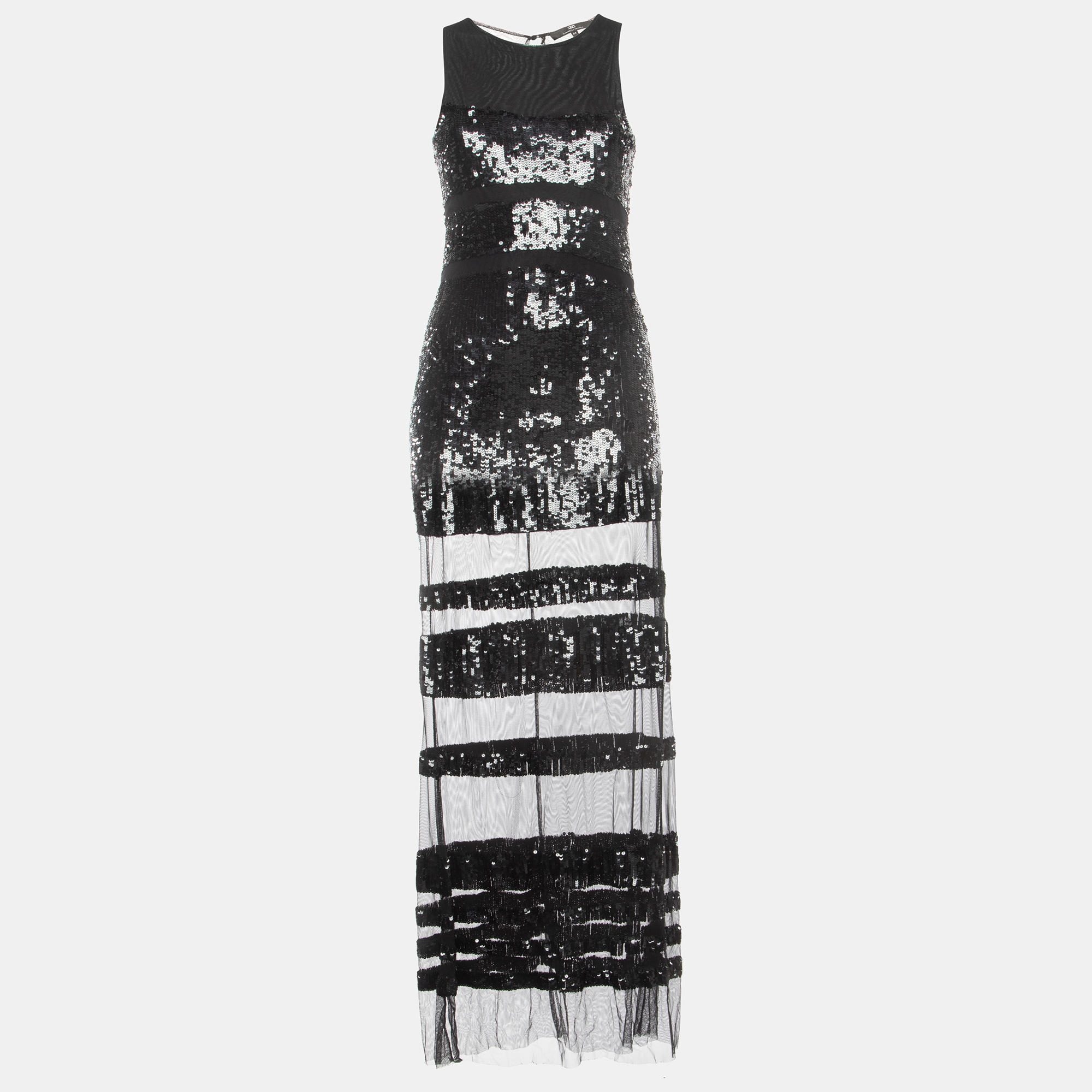 Elisabetta Franchi Black Striped Sequined Mesh Sleeveless Long Dress L