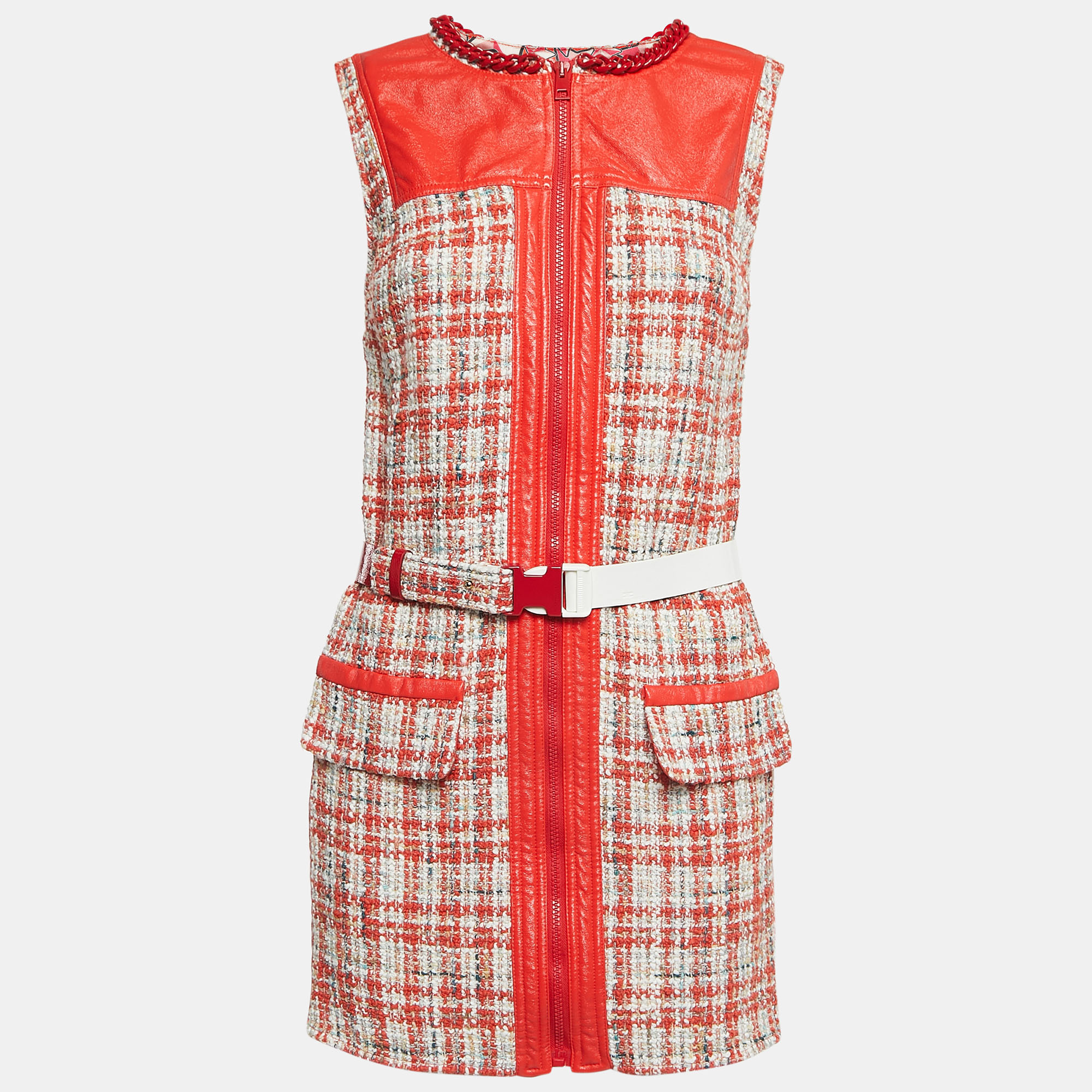 Elisabetta Franchi Red Tweed  Zip Front Belted Sleeveless Mini Dress S