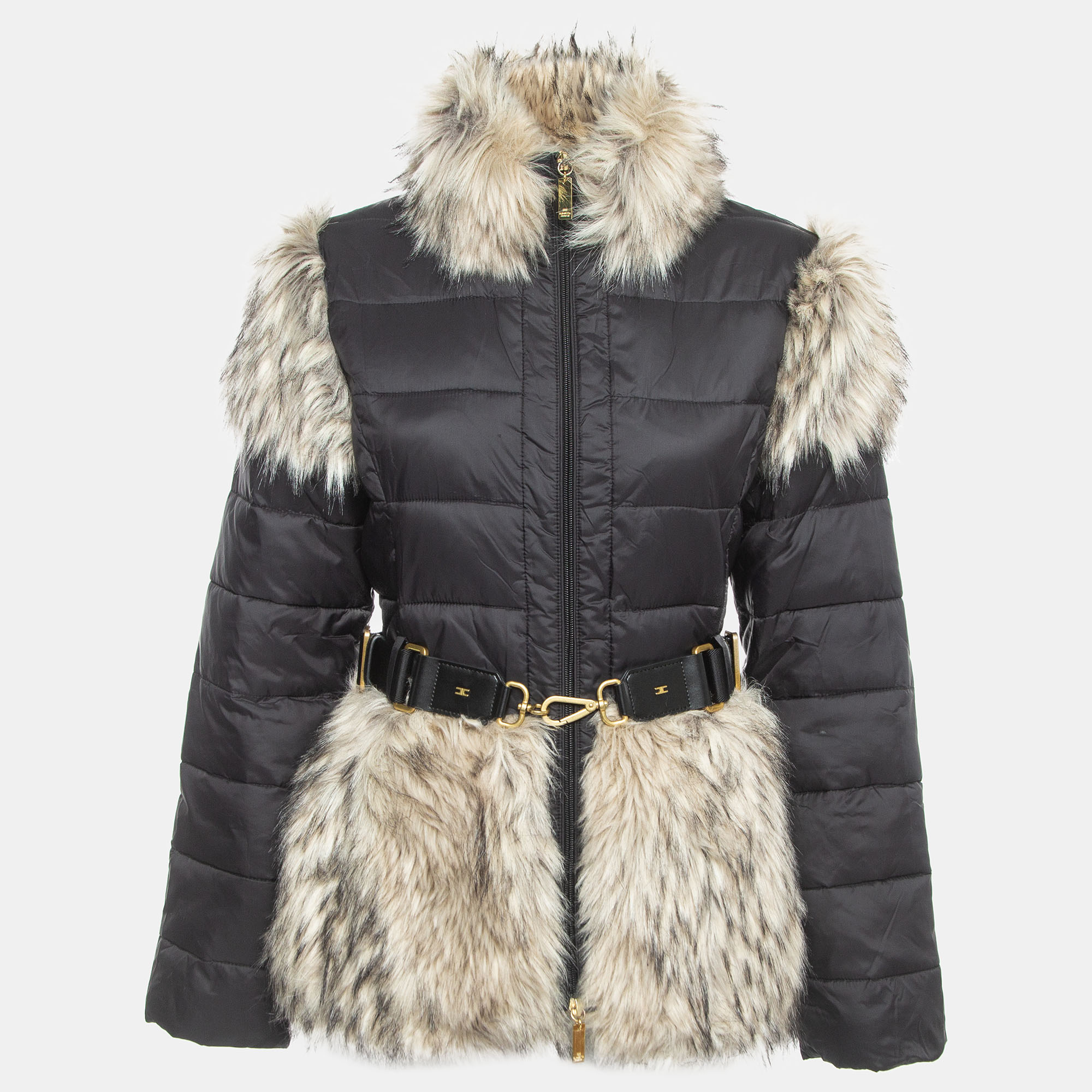 Elisabetta Franchi Black Quilted Nylon Faux Fur Trimmed Zip Front Padded Jacket L