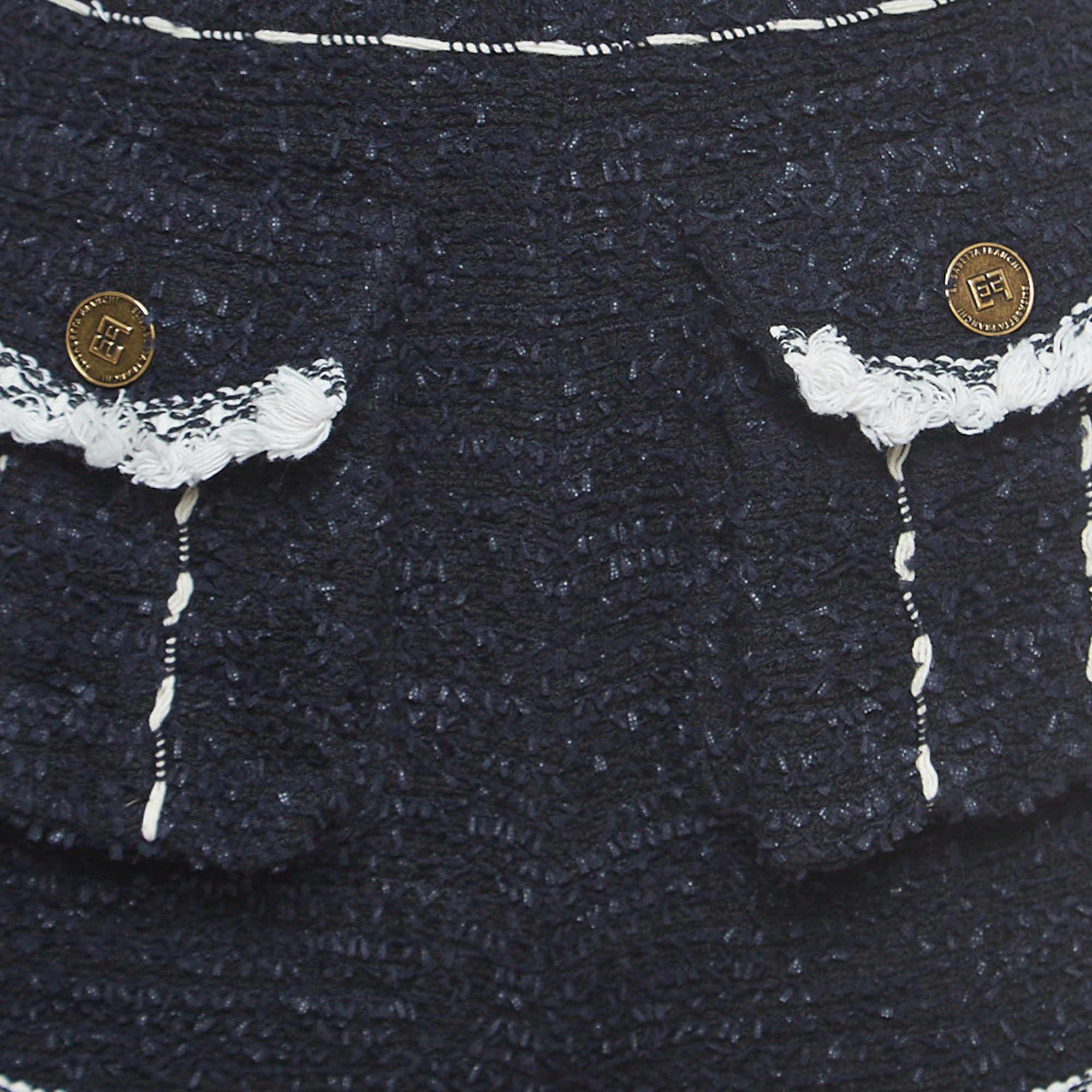 Elisabetta Franchi Navy Blue Tweed Fringed Mini Shorts S