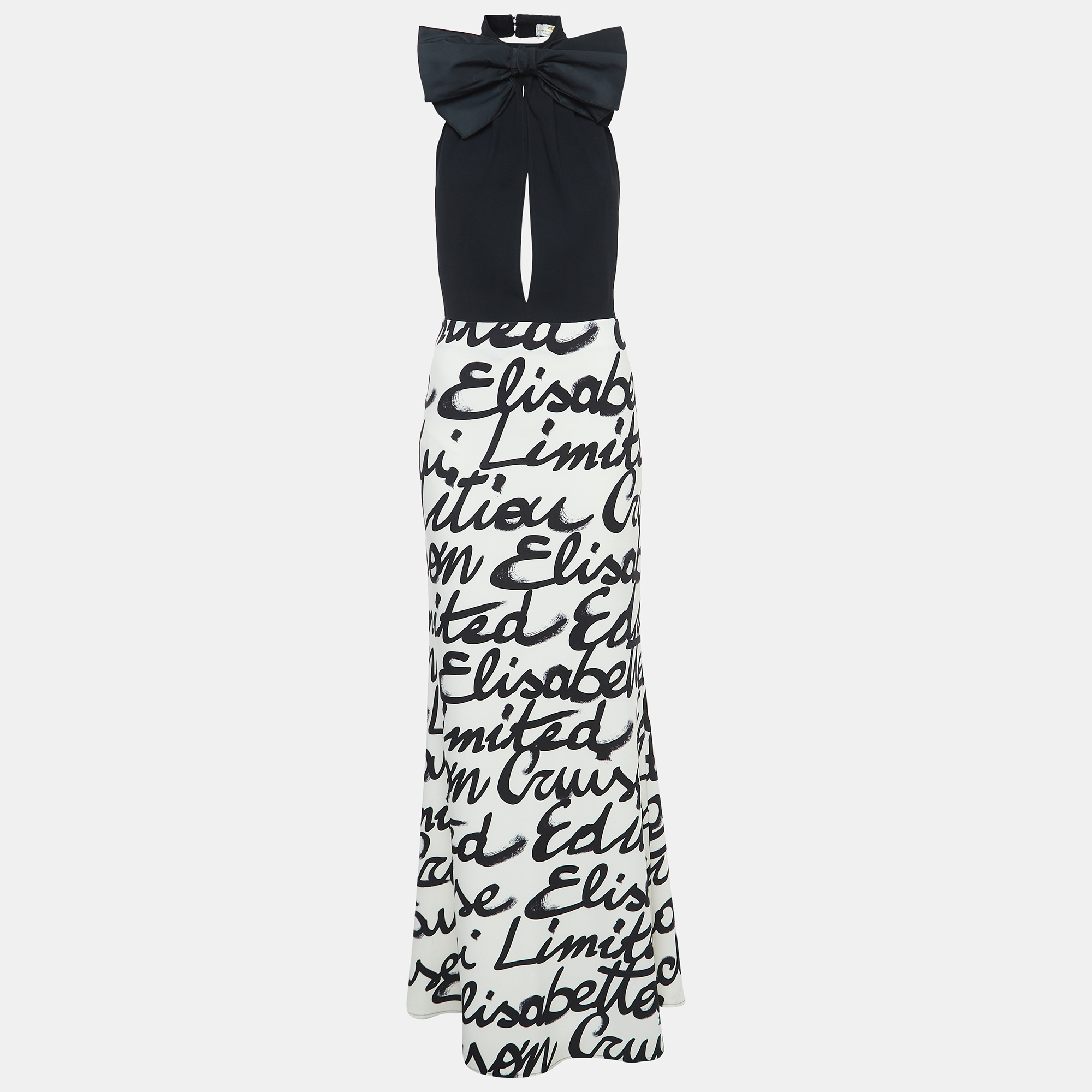 Elisabetta Franchi Black/White Logo Print Halter Neck Maxi Dress S