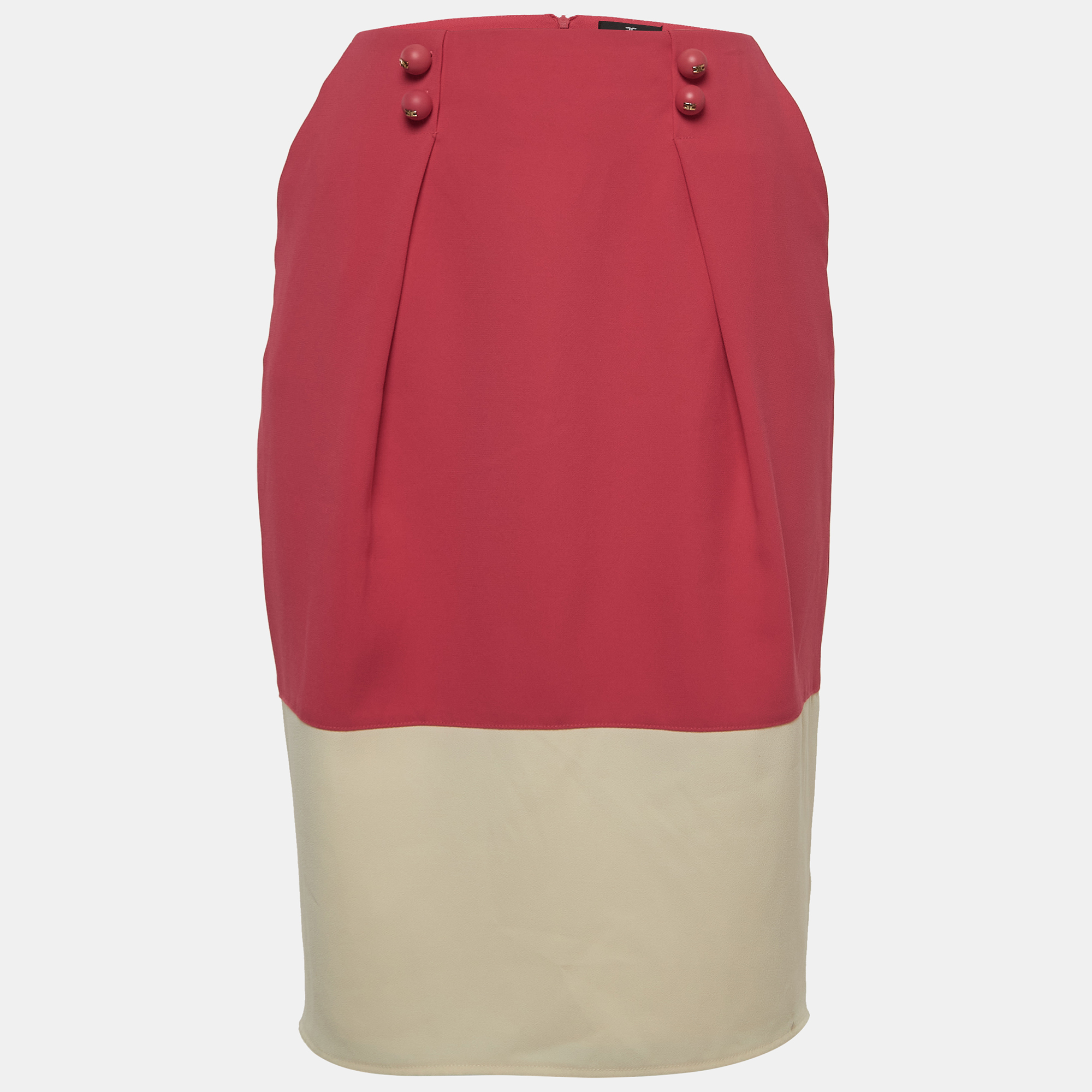 Elisabetta franchi pink/cream crepe pleated knee length skirt m