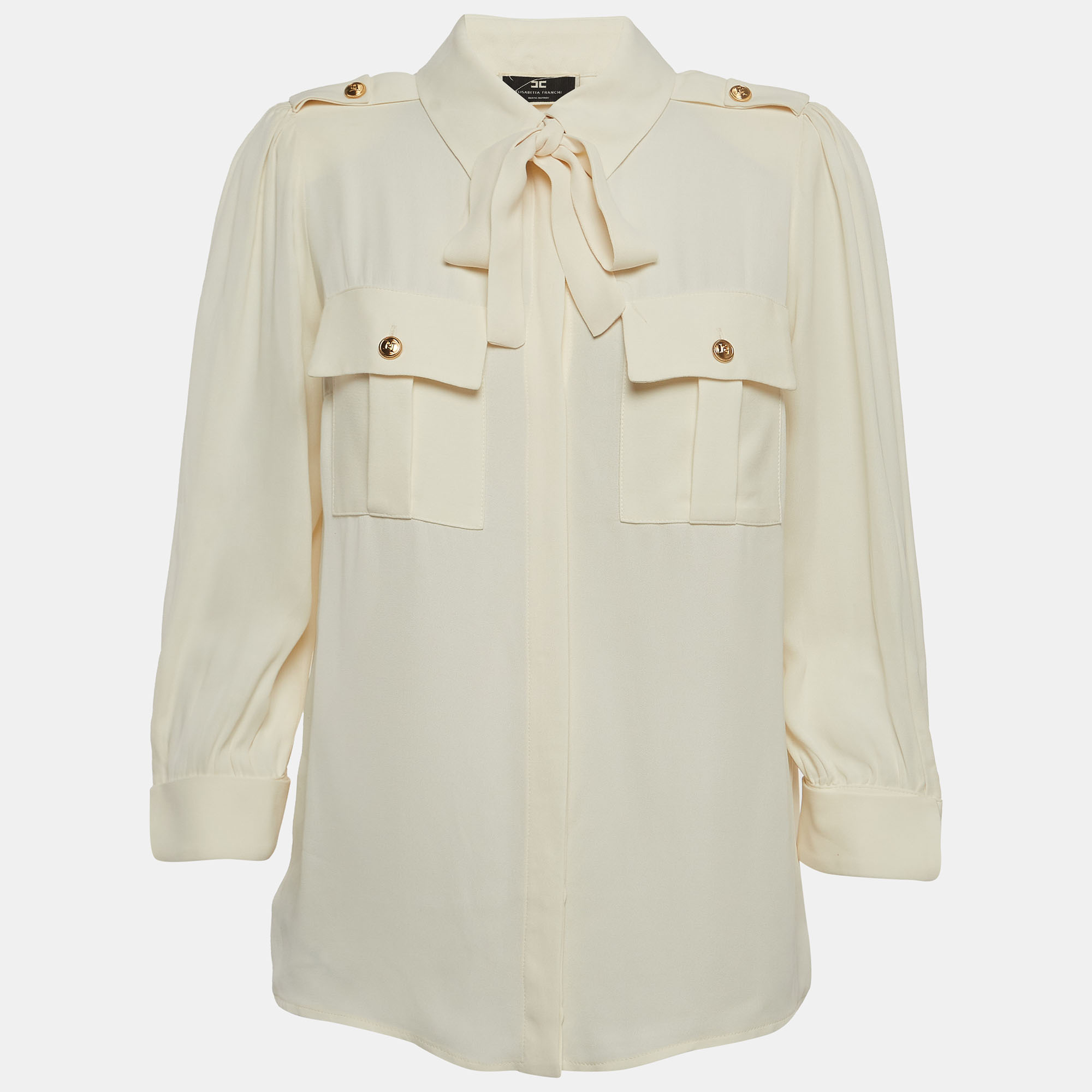 Elisabetta Franchi Ivory White Crepe Safari Shirt M