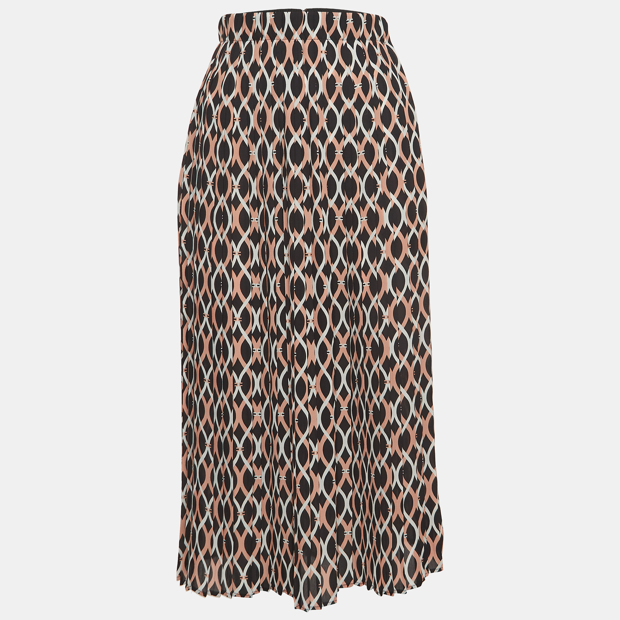 Elisabetta Franchi Black/Beige Printed Pleated Crepe Midi Skirt L