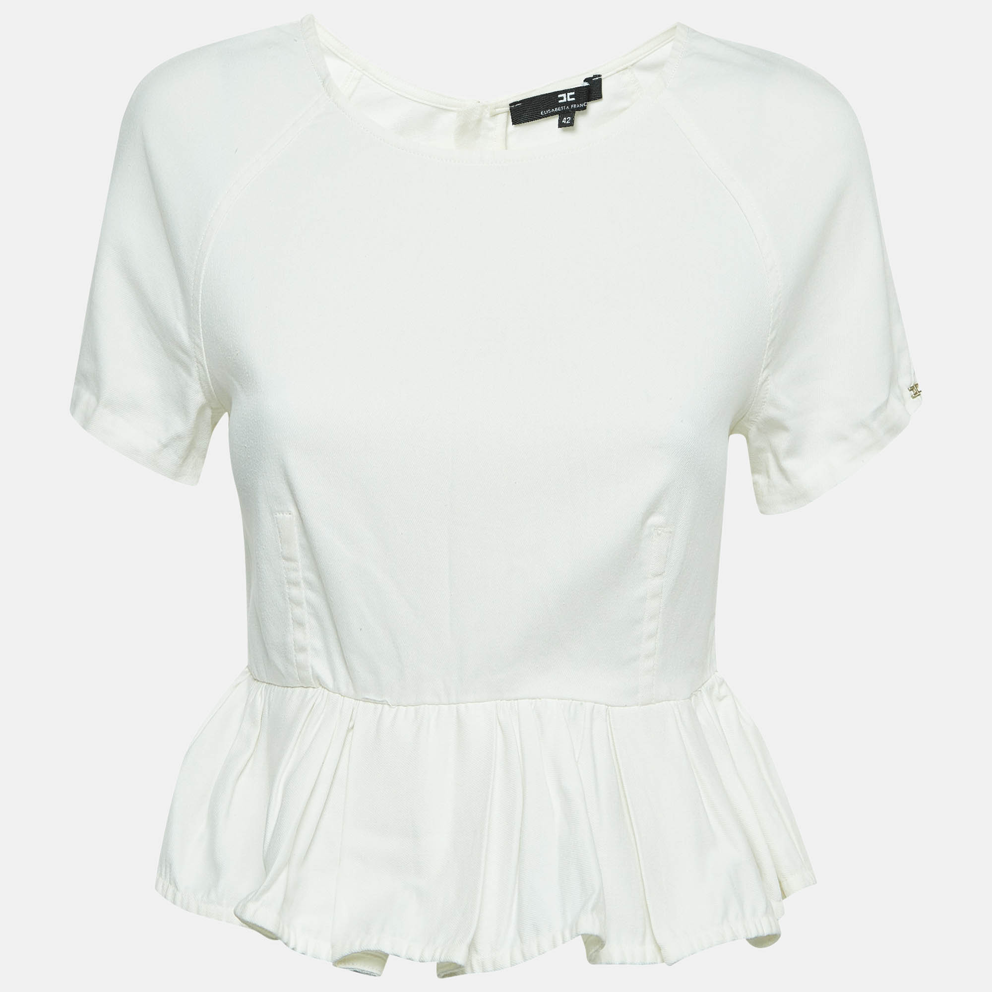Elisabetta franchi white denim gathered short sleeve blouse m