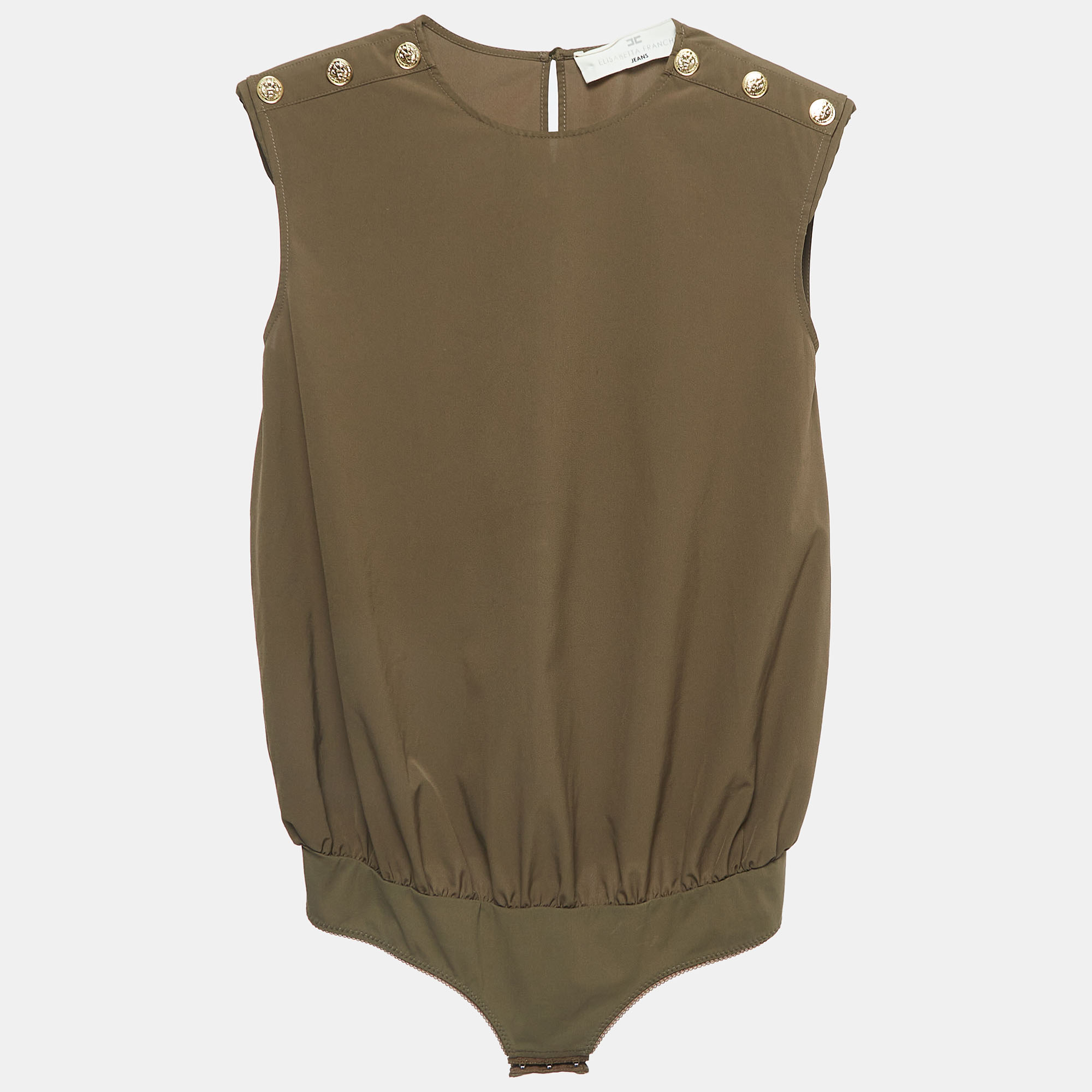 Elisabetta franchi olive green synthetic button embellished bodysuit m