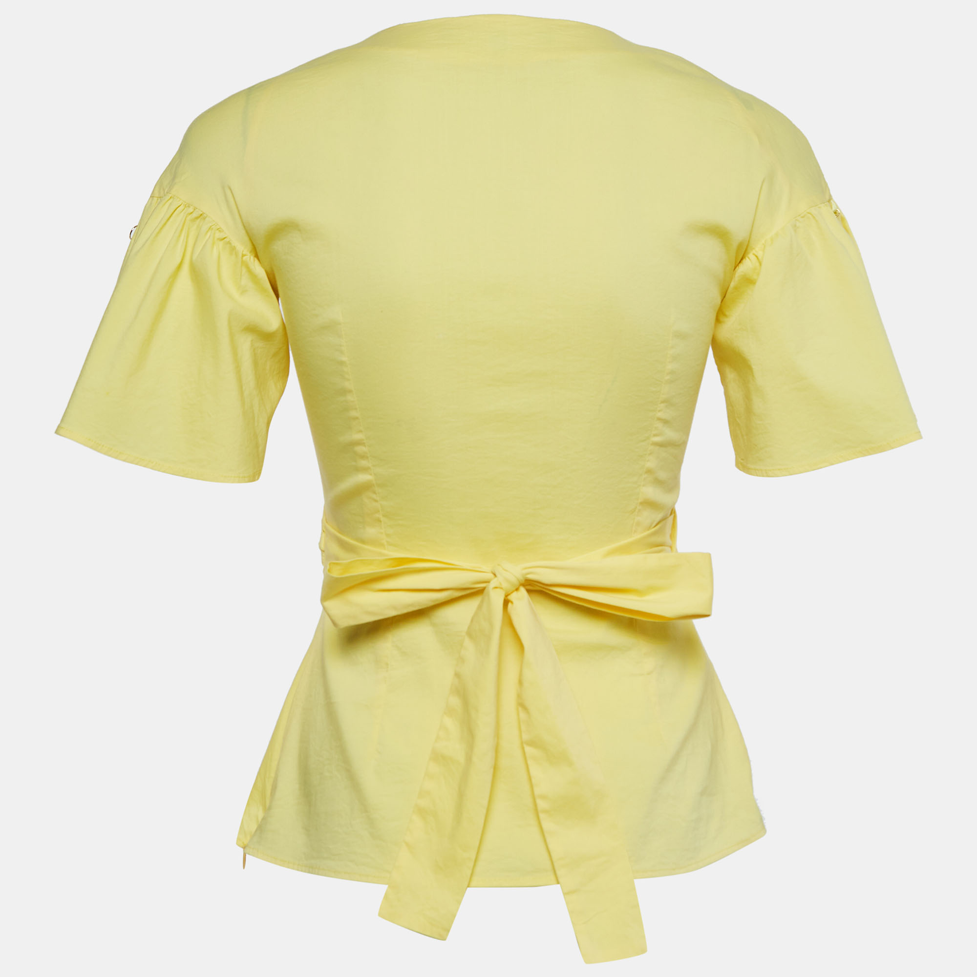 Elisabetta Franchi Yellow Stretch Cotton Flutter Sleeve Wrap Top M