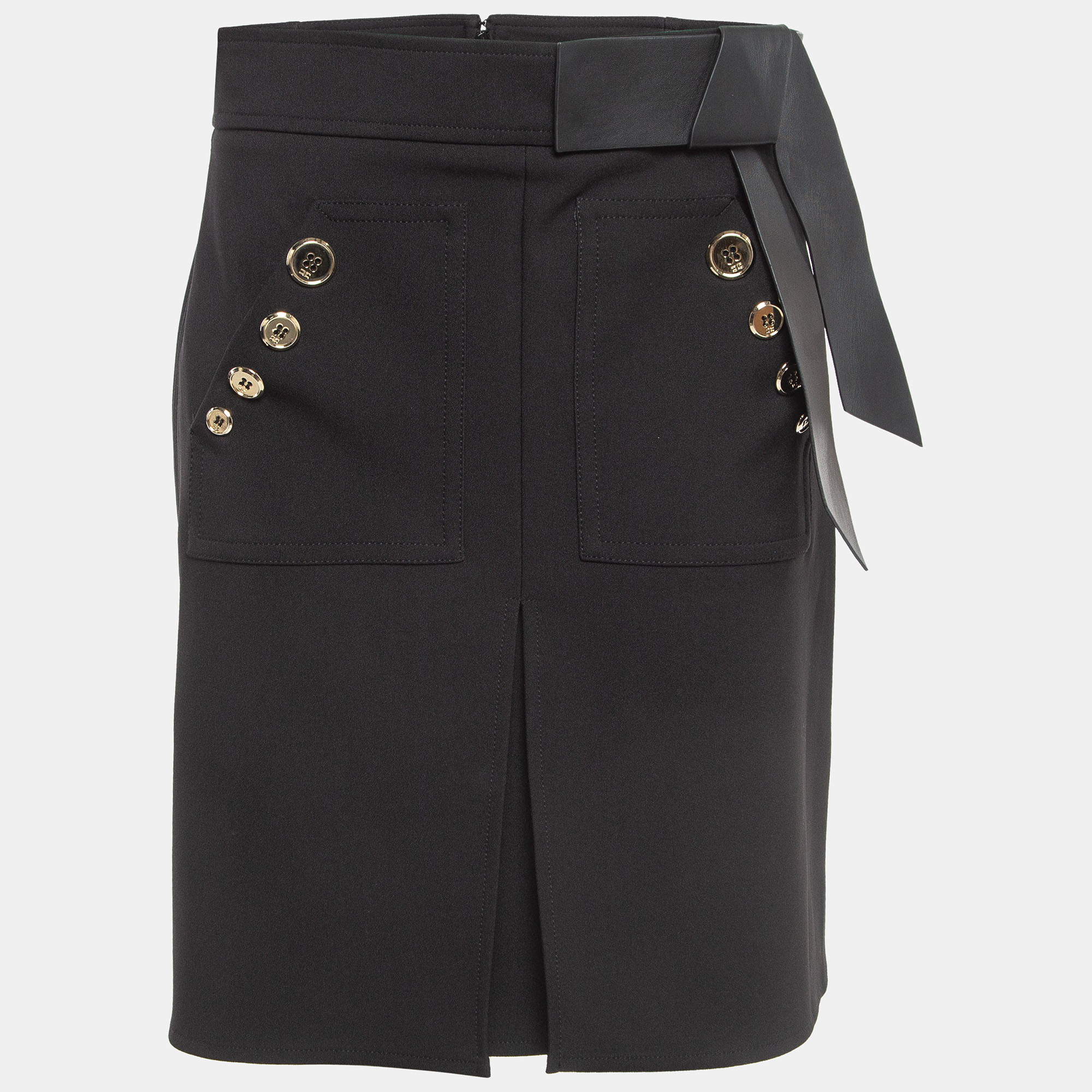 Elisabetta franchi black leather trim stretch crepe button detail mini skirt l