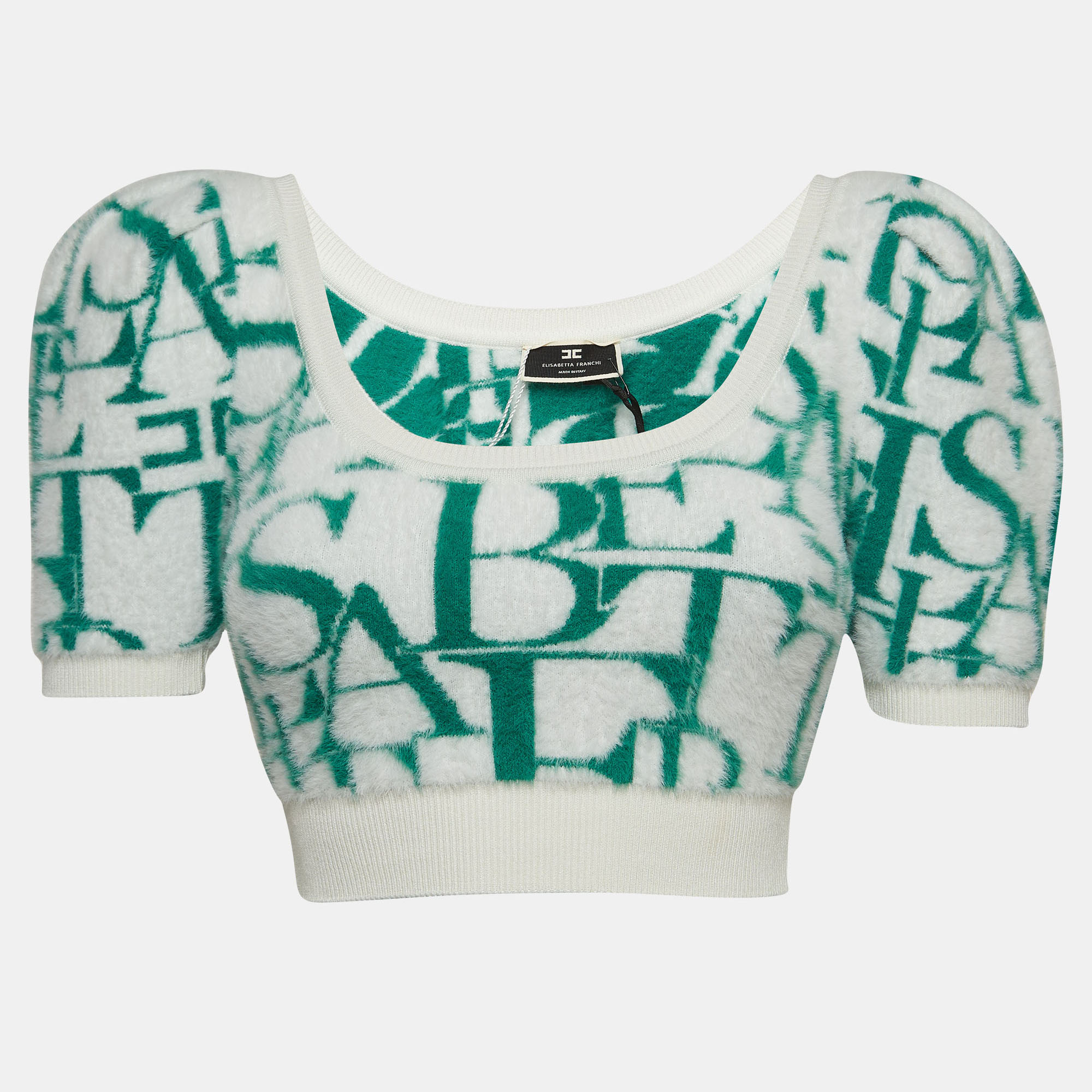 Elisabetta franchi green/white lettering fur knit balloon sleeve crop top s