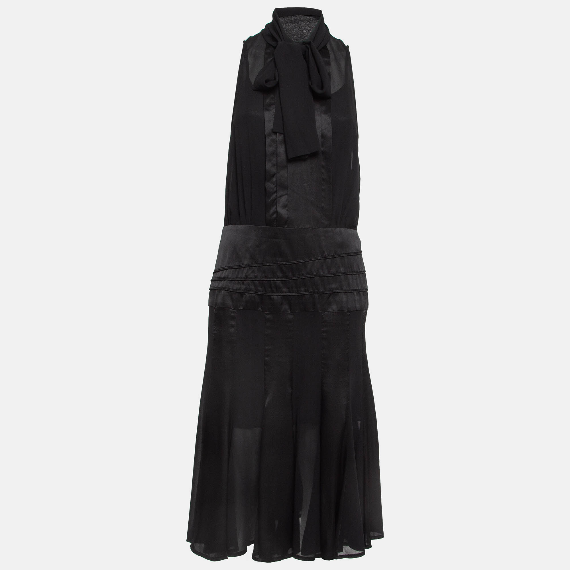 Elisabetta franchi black satin trim chiffon detachable tie-up sleeveless dress m