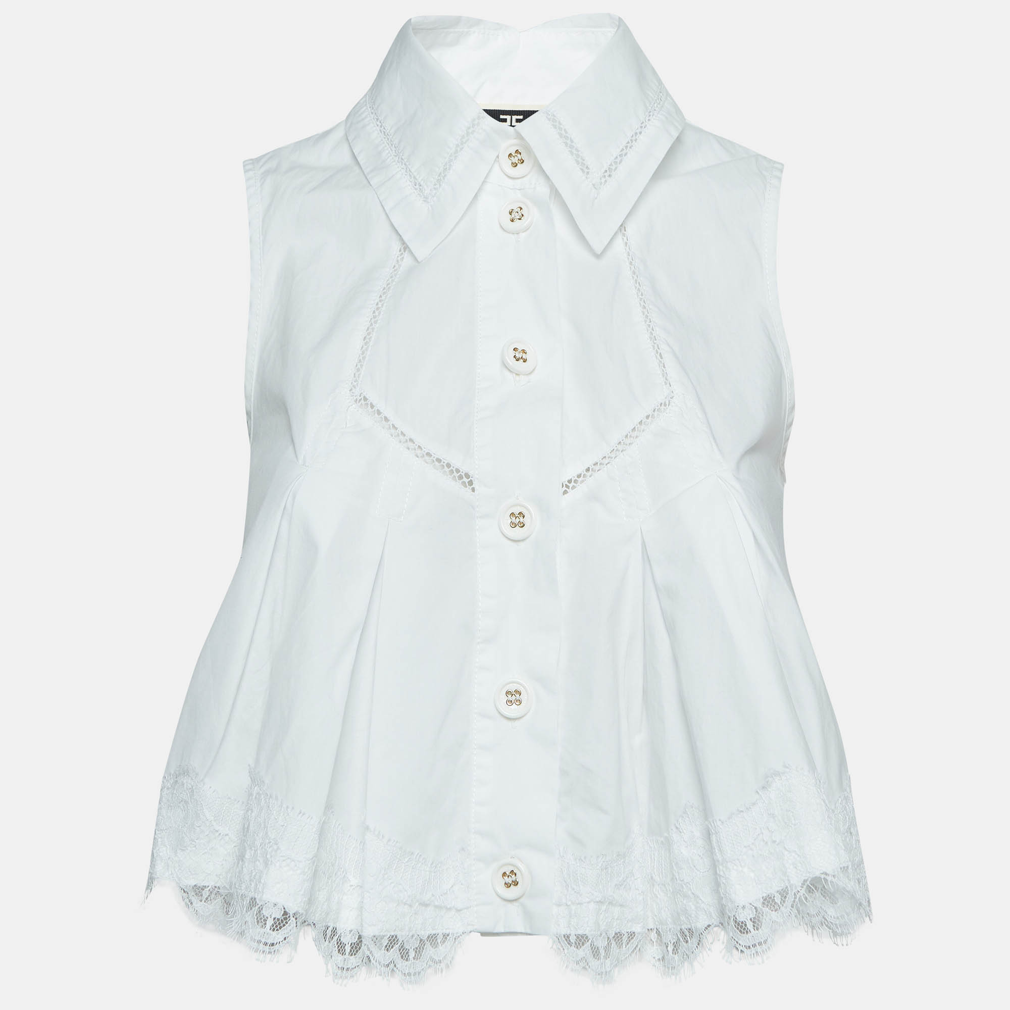 

Elisabetta Franchi White Lace Trimmed Cotton Pleated Crop Shirt