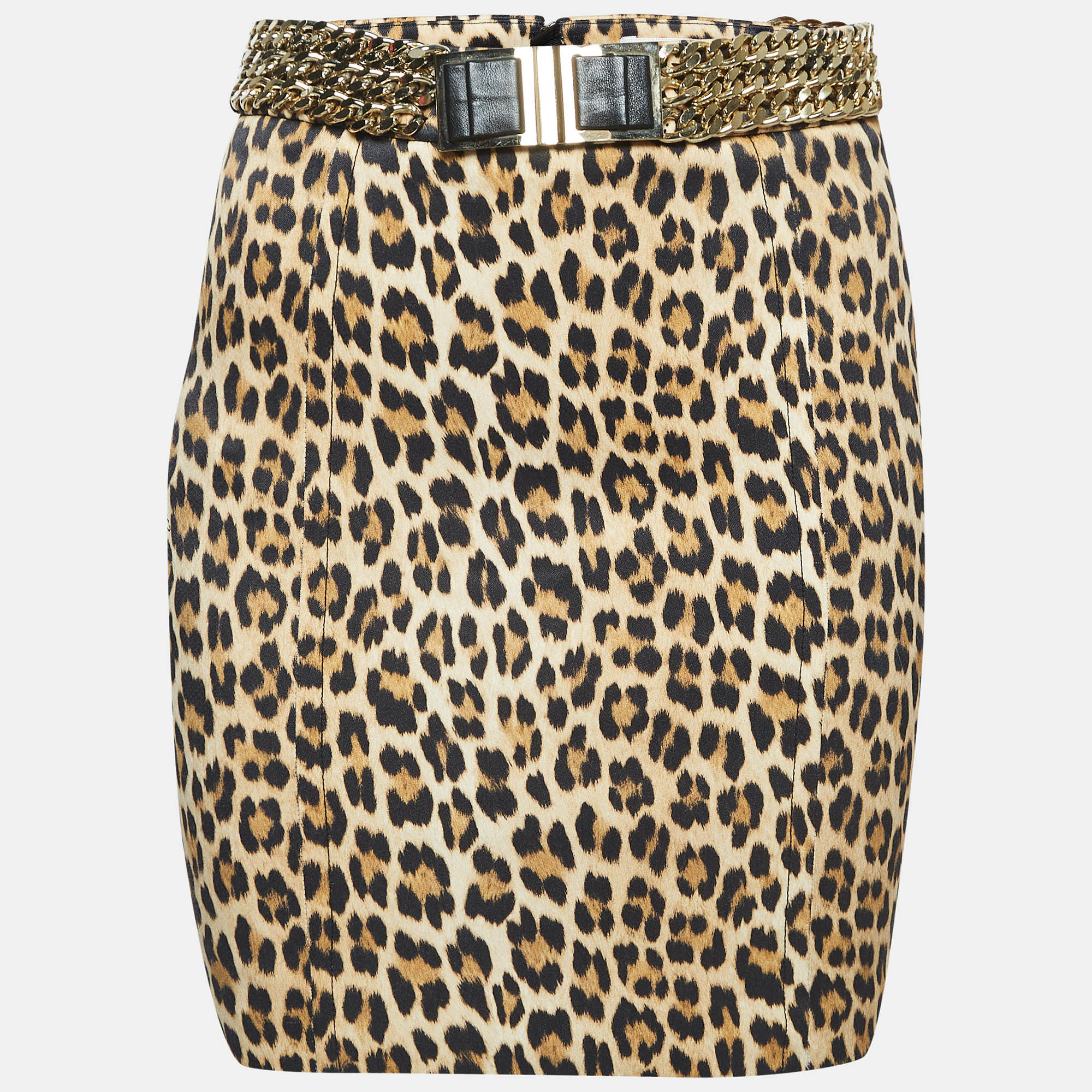 Elisabetta franchi brown leopard print satin embellished waist mini skirt s