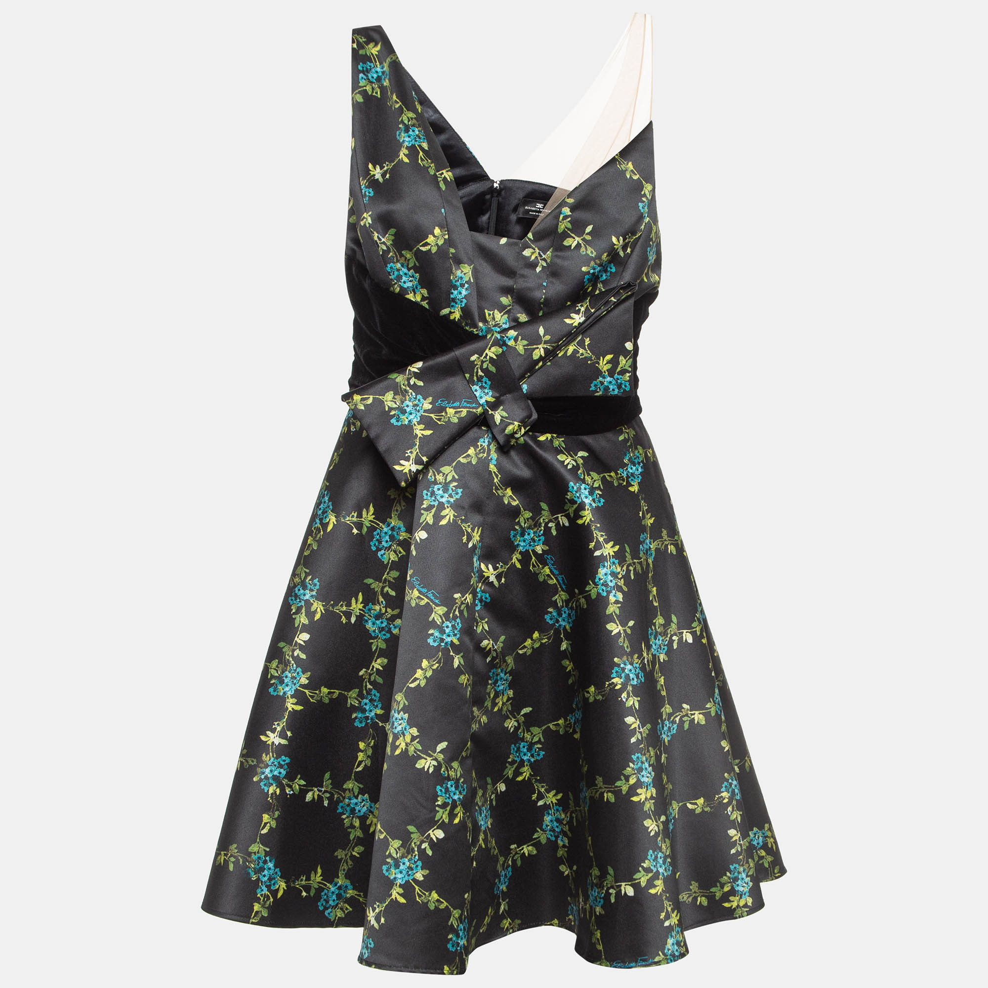 Elisabetta franchi black floral print satin fit and flare dress m