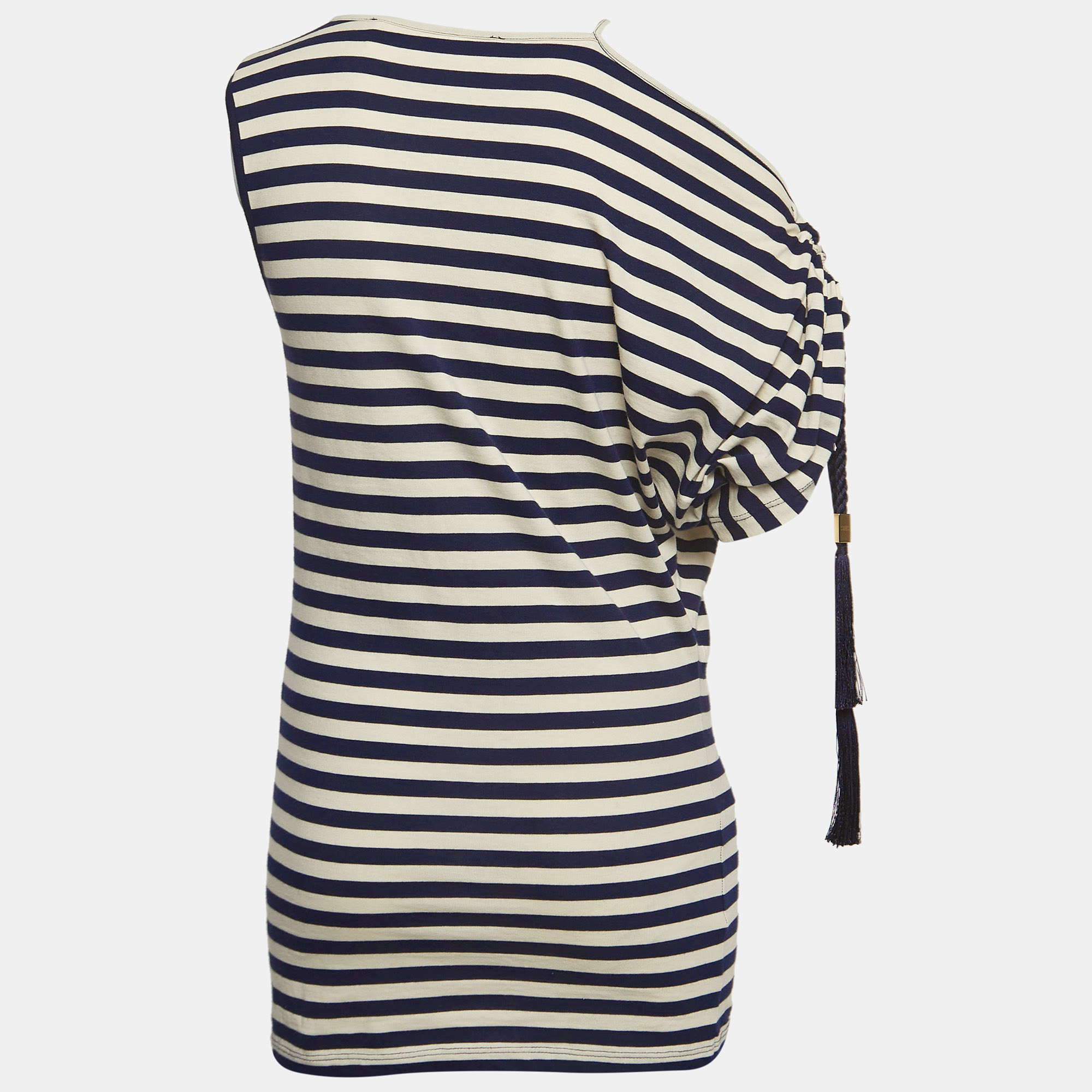 Elisabetta Franchi Blue Marine Stripe Jersey Asymmetric Sleeve Top S