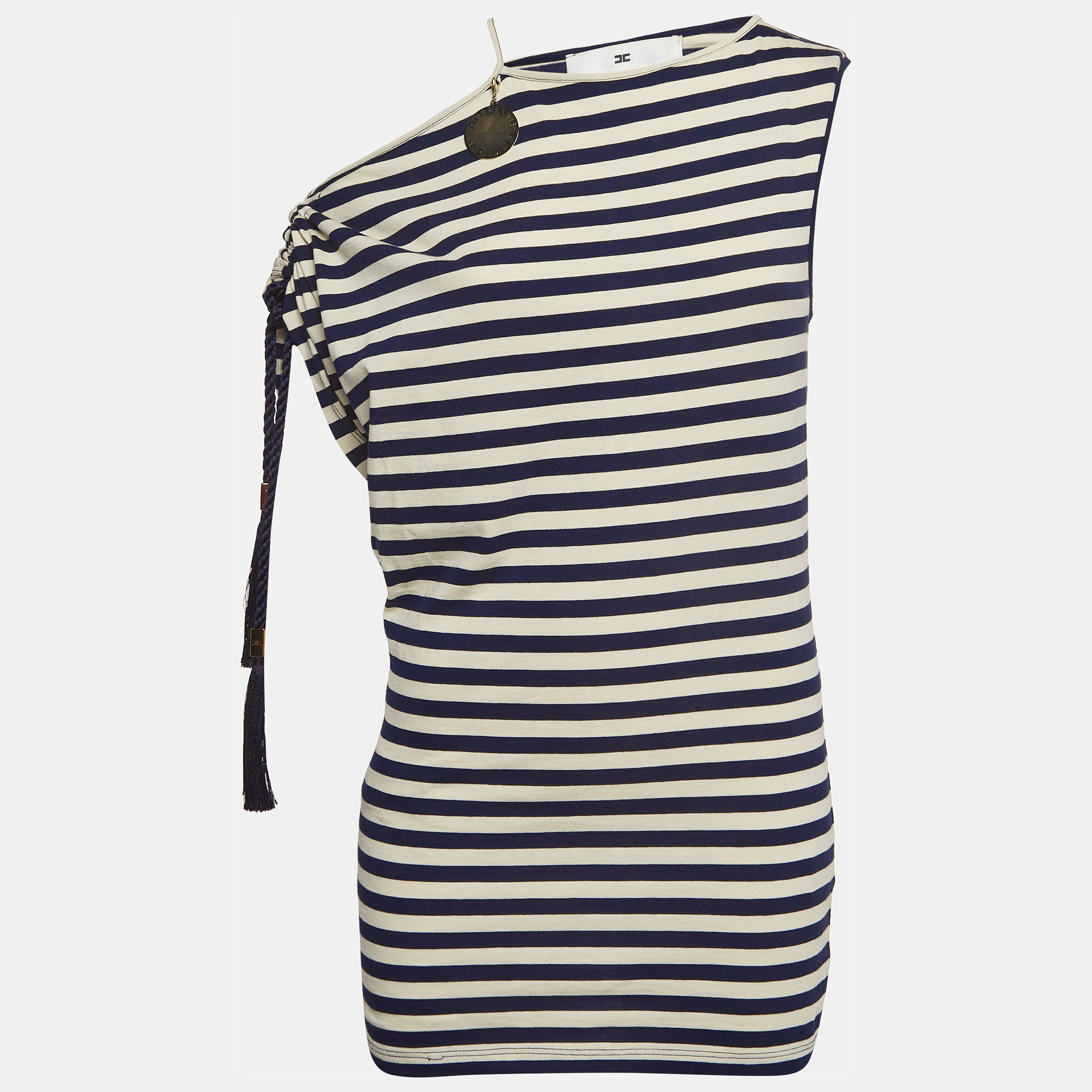 Elisabetta franchi blue marine stripe jersey asymmetric sleeve top s