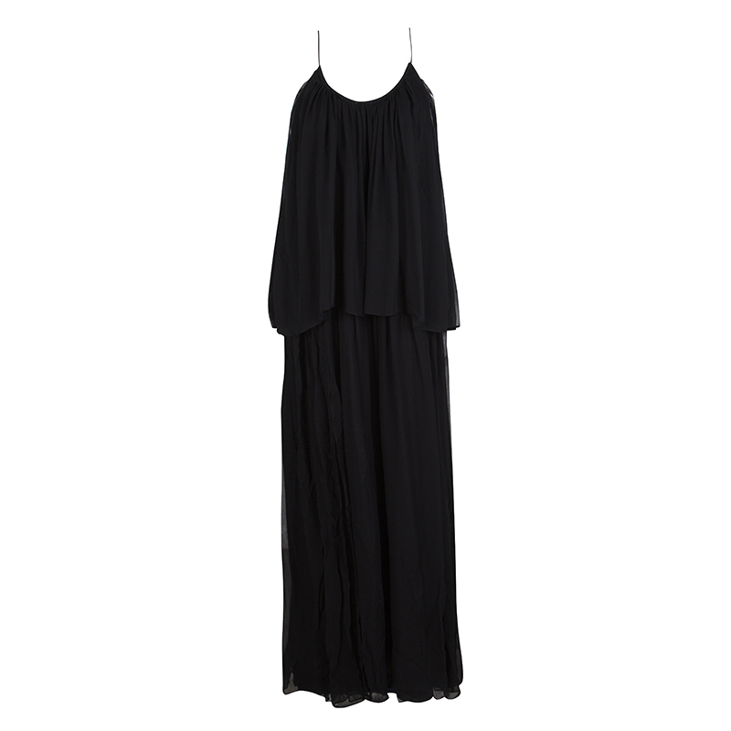 Image of Elizabeth and James Black Silk Chiffon Mael Blouson Maxi Dress M