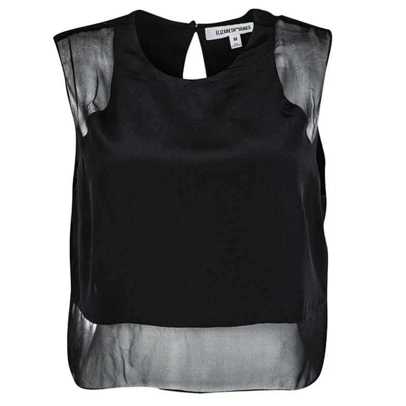 Image of Elizabeth and James Black Silk Sheer Panel Detail Crop Top M