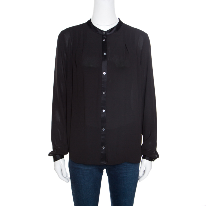 Image of Elizabeth & James Black Crepe Satin Trim Detail Long Sleeve Blouse S