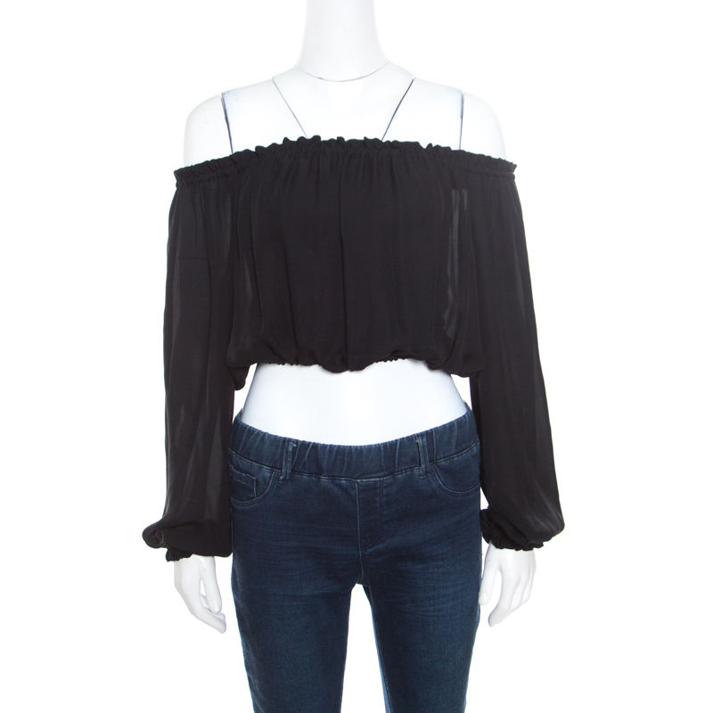 Image of Elizabeth and James Black Sheer Silk Off Shoulder Denny Peasant Crop Top S