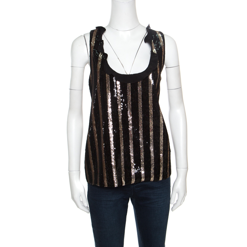 Image of Emanuel Ungaro Black and Gold Striped Sequin Embellished Silk Sleeveless Top L